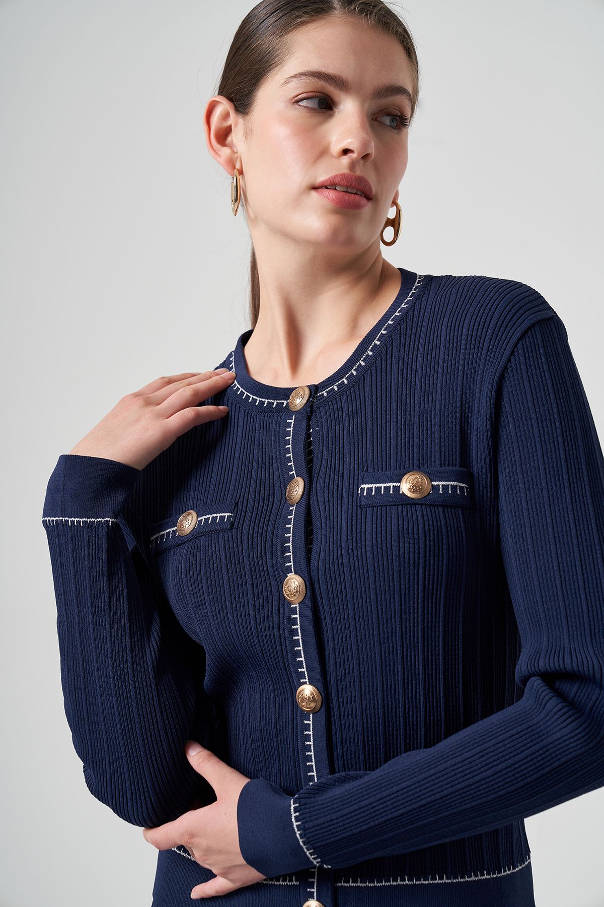 Nuss-Mercerized Knitwear Button Detail Short Cardigan 1115 Navy Blue 1