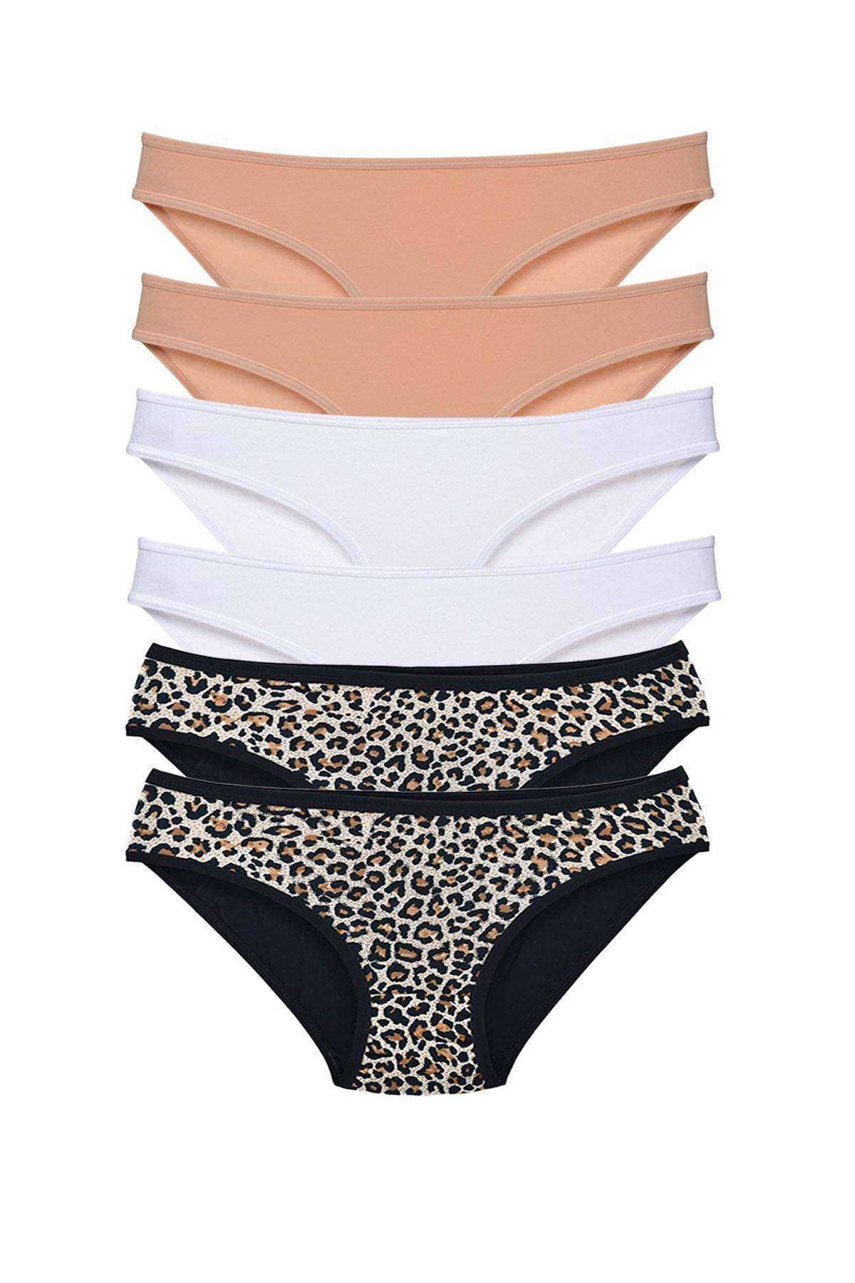 Meleners 6 Adet Likralı Kadın Slip Külot Leopar Ten Beyaz