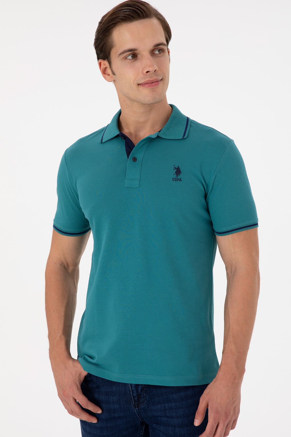 تی شرت یقه پولو سبز مردانه پایه تیره U.S. Polo Assn.