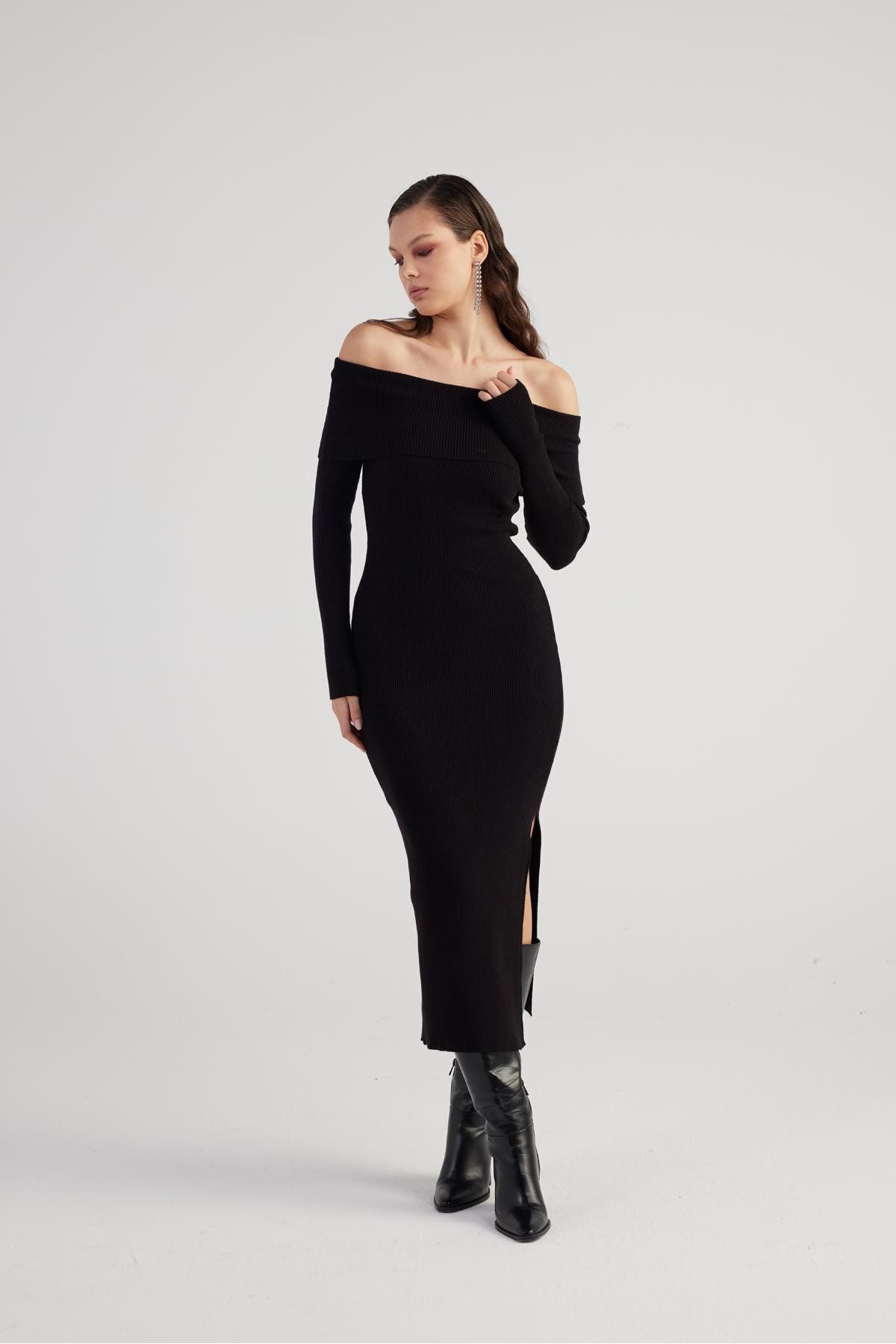 HOLLY LOLLY-Black Tilda Knitwear Dress - Madonna Collar, Special Texture 1