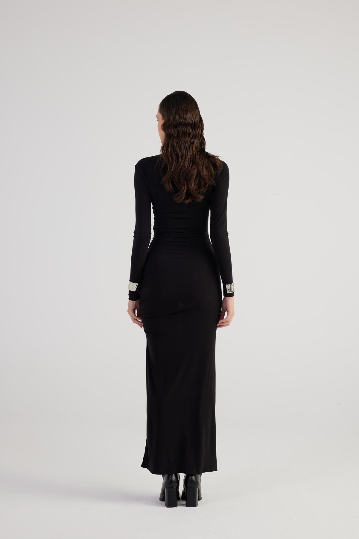 HOLLY LOLLY-Black Long Jasmine Dress with Drapers and Slits 4