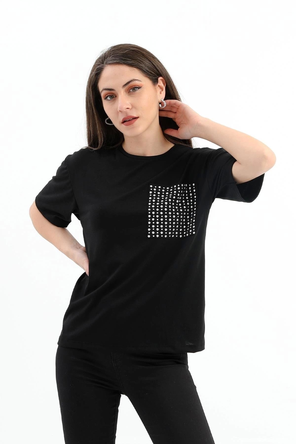 GIDY Zımba Detaylı Cepli T- shirt - Siyah