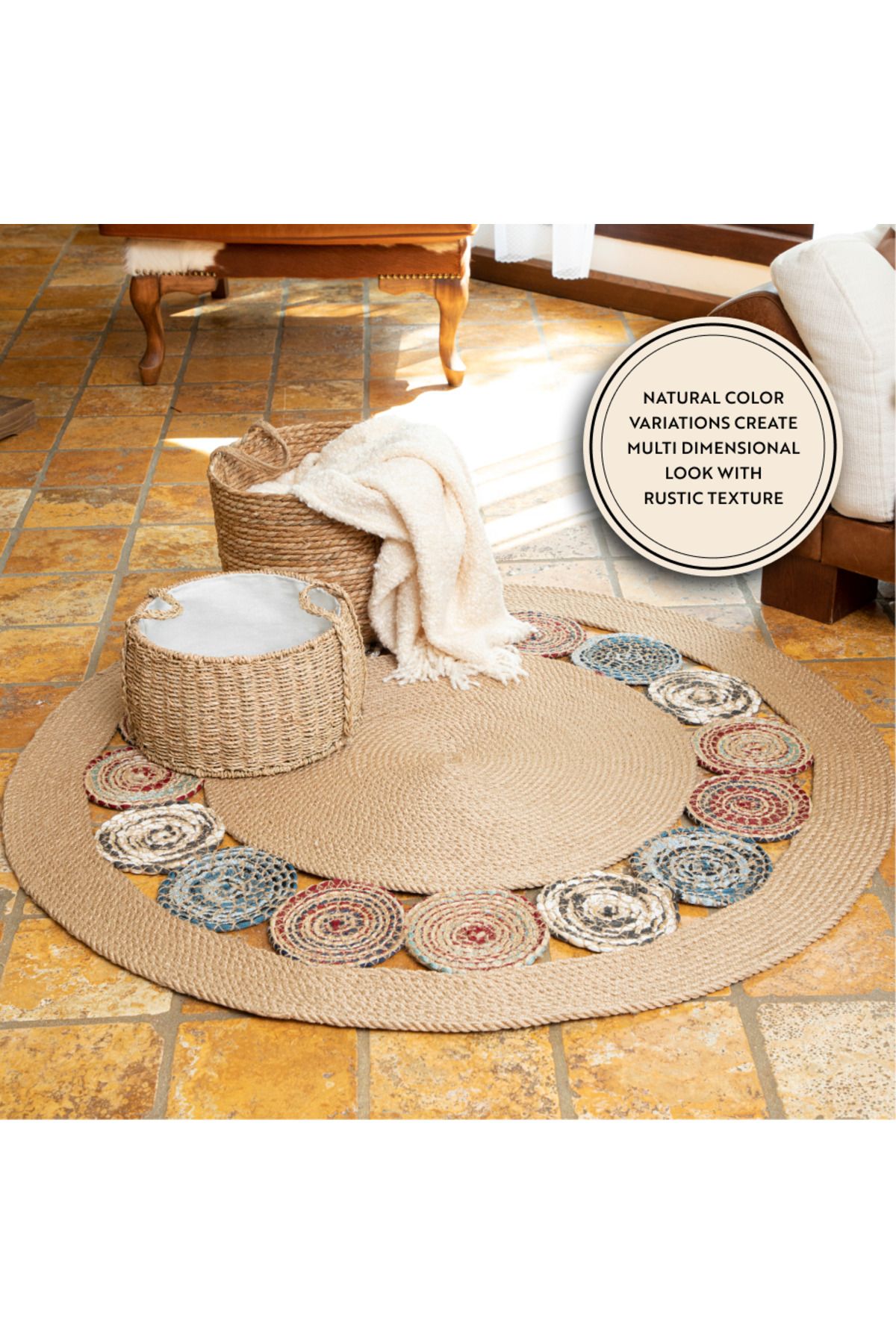 English Home-Juteteppich rund Boho und Ethno Look für Wohnzimmer, Schlafzimmer, Ankleidezimmer, 90x90 cm 3