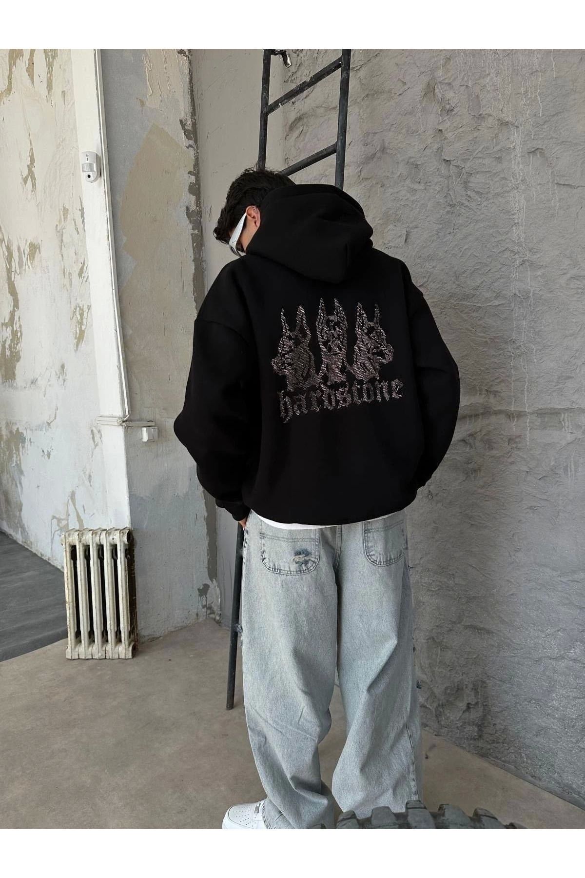 Violon-Hardstone Stone Detailed Hoodie Oversize Sweatshirt 2