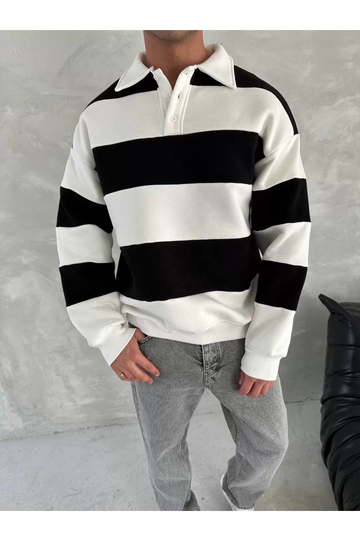 SA Alişveriş Dünyam Unisex Üç İplik Parçalı Yakalı SweatShirt - Siyah