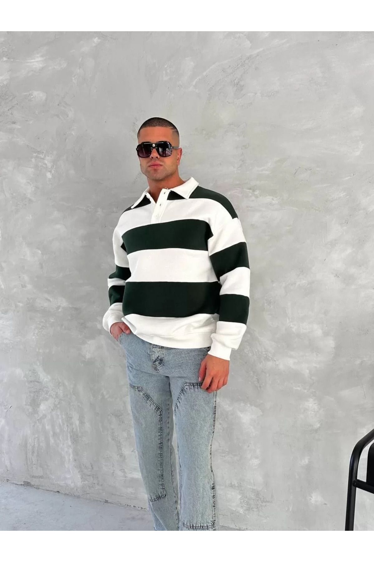SA Alişveriş Dünyam Unisex Üç İplik Parçalı Yakalı SweatShirt - Yeşil