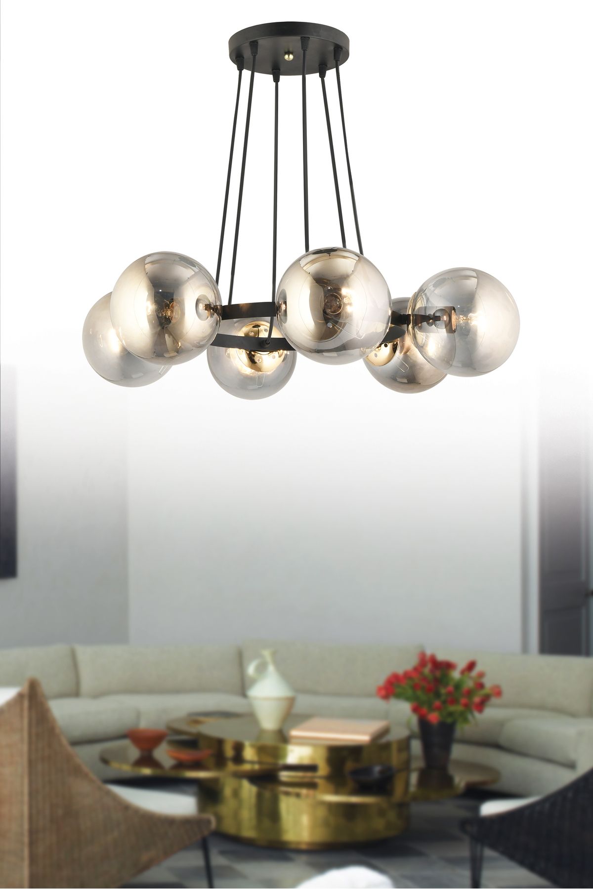 SONSUZ AYDINLATMA&AVİZE-Infinite Black 6-Piece Ring Smoked Globe Glass Modern Chandelier 1