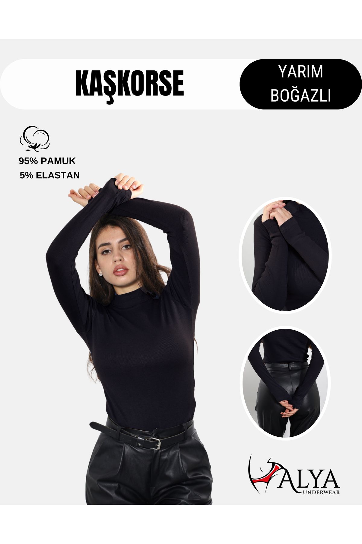 ALYA UNDERWEAR Kaşkorse Yarım Boğaz Body Sweatshirt, Fitilli Kumaş, Likralı, Siyah