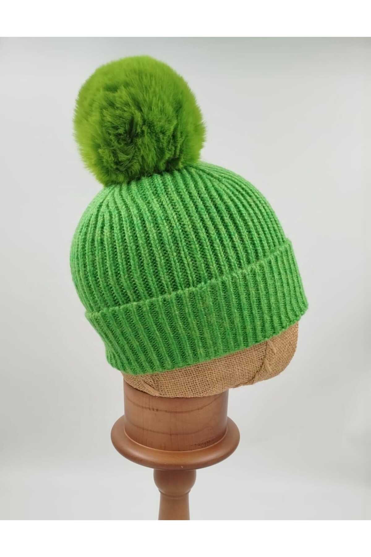 Green Braided Folded Pompom Beanie