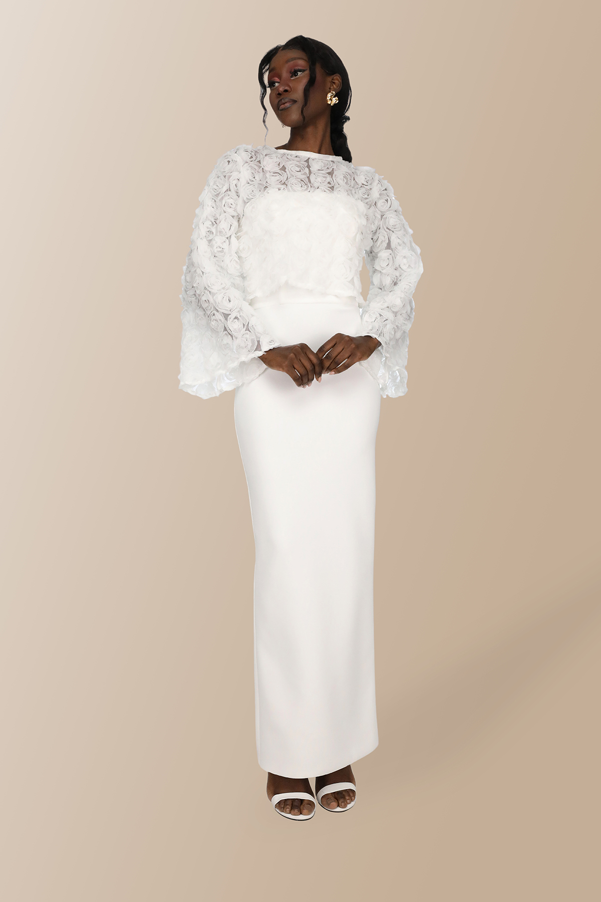 floral cropped white long strapless dress