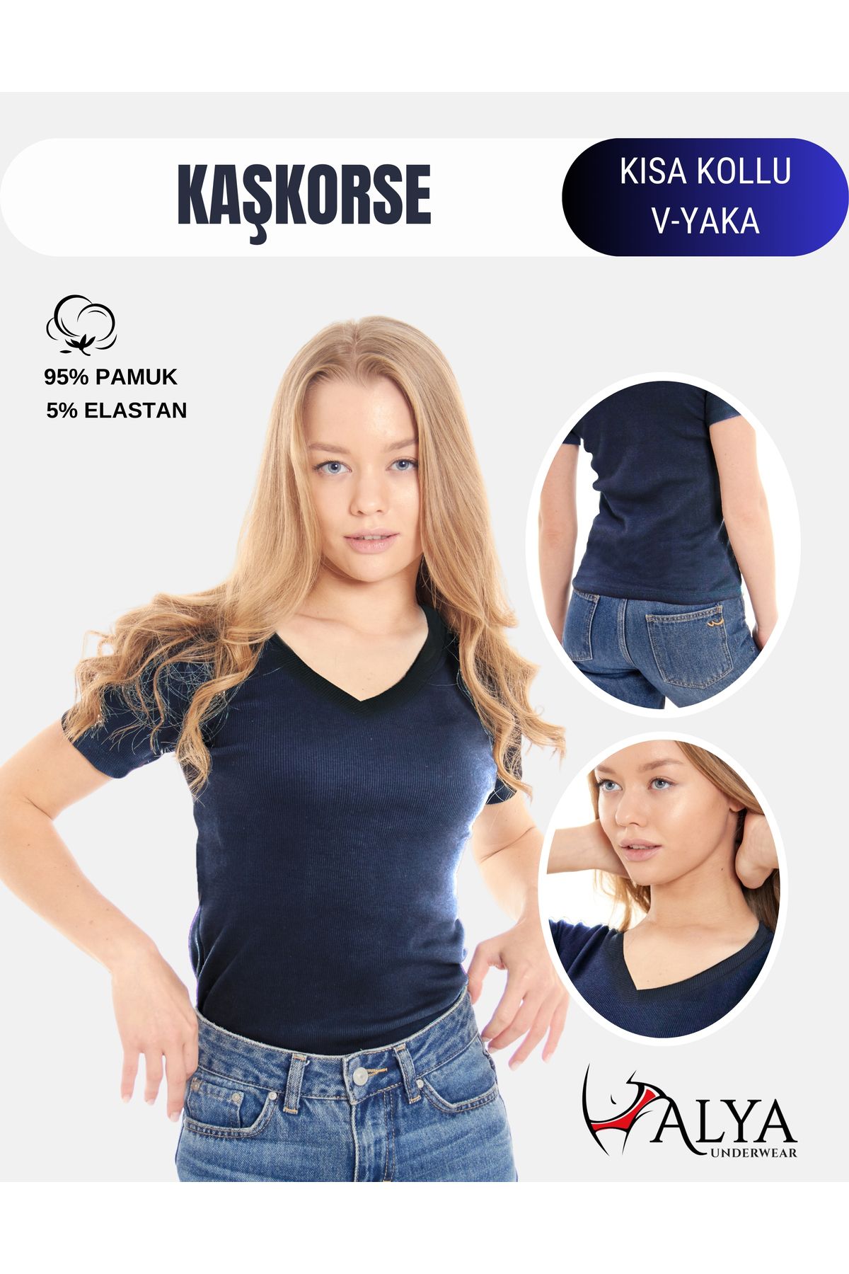 ALYA UNDERWEAR-Bluză cu mânecă scurtă din material pentru camisole cu decolteu în V, țesătură flexibilă de tricou și bumbac, bleumarin S, M, L, Xl 1