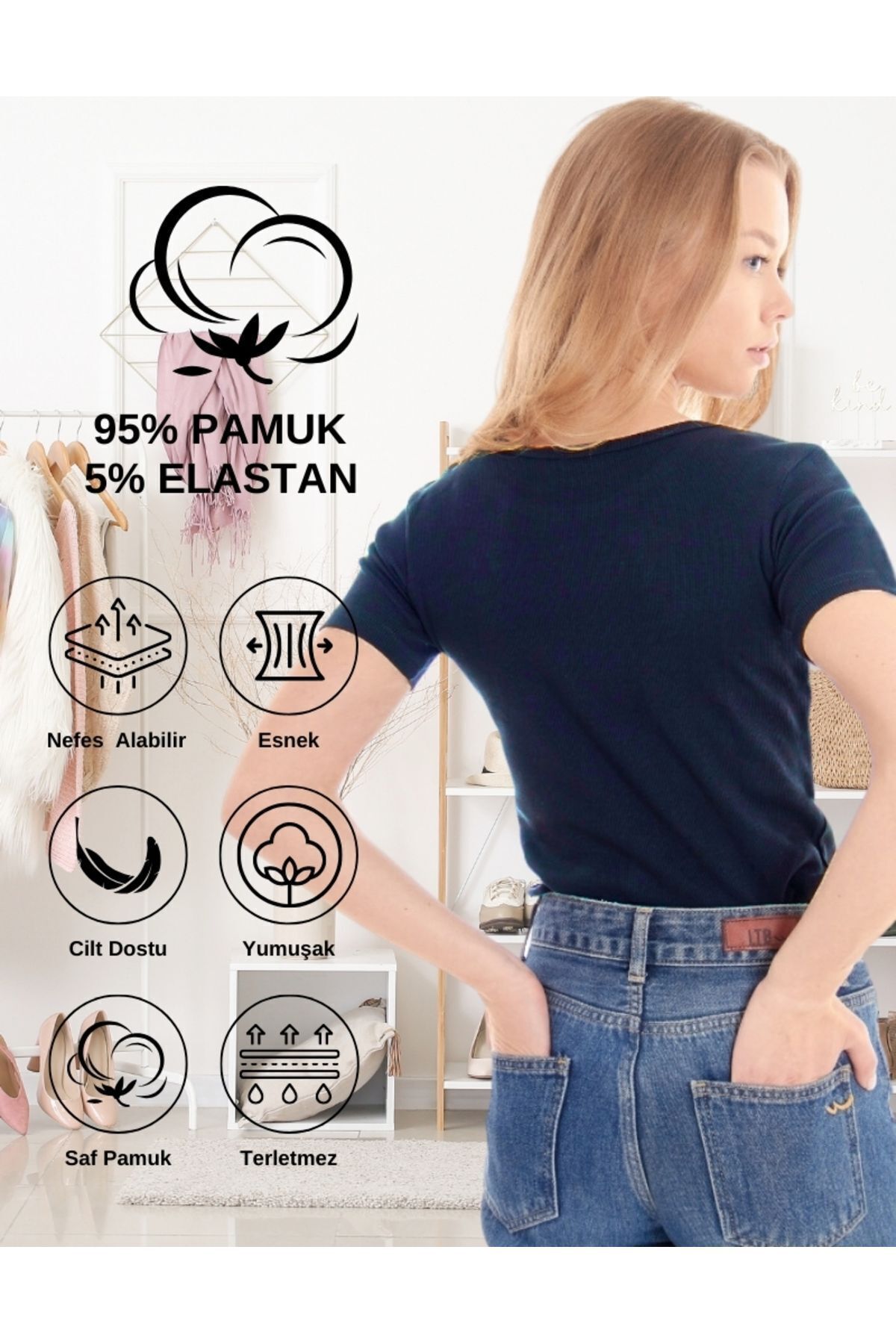 ALYA UNDERWEAR-Bluză cu mânecă scurtă din material pentru camisole cu decolteu în V, țesătură flexibilă de tricou și bumbac, bleumarin S, M, L, Xl 3