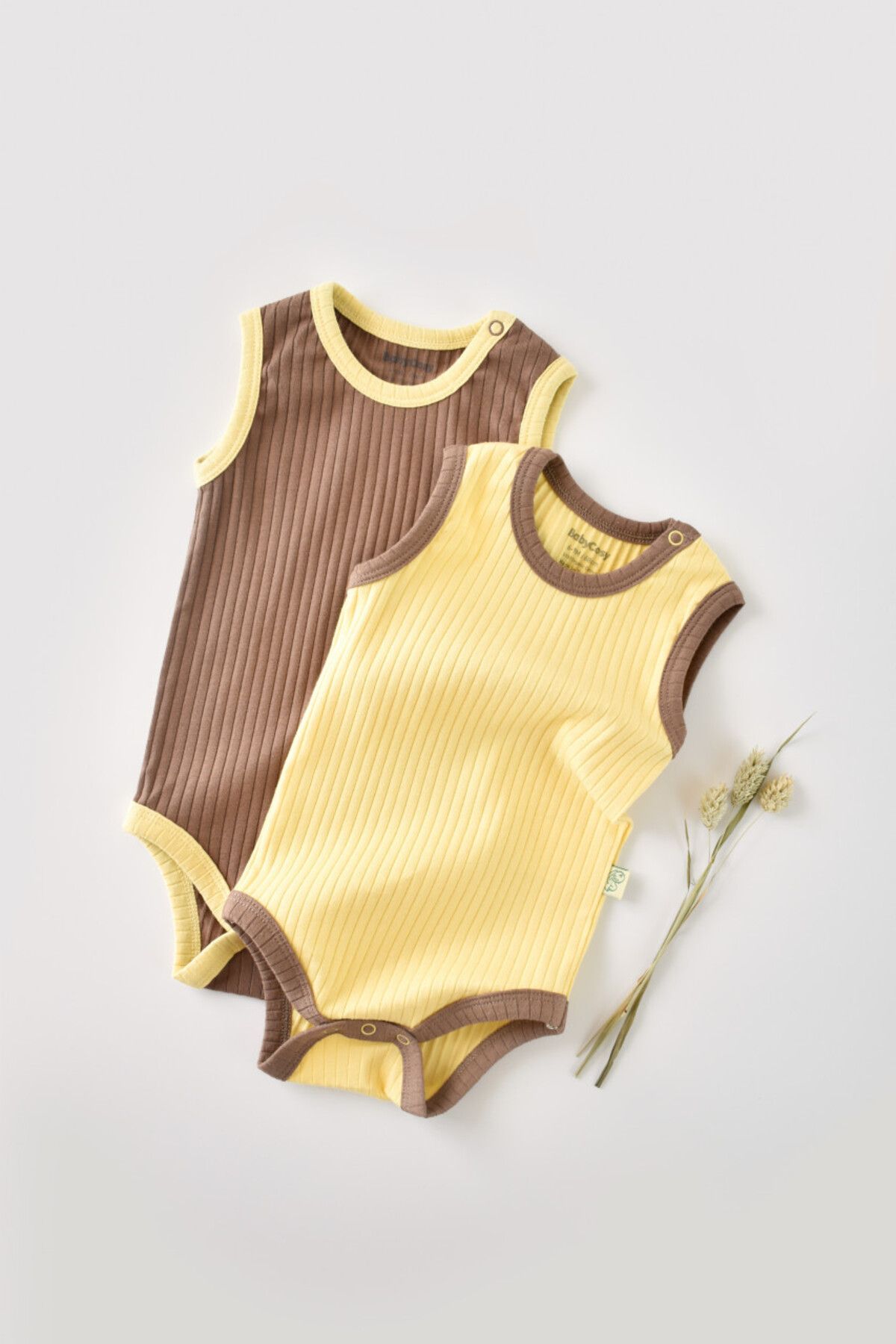 BabyCosy-Set 2 body-uri fara maneci Ribana Bebe Unisex- Vanilie/Maro BabyCosy 1