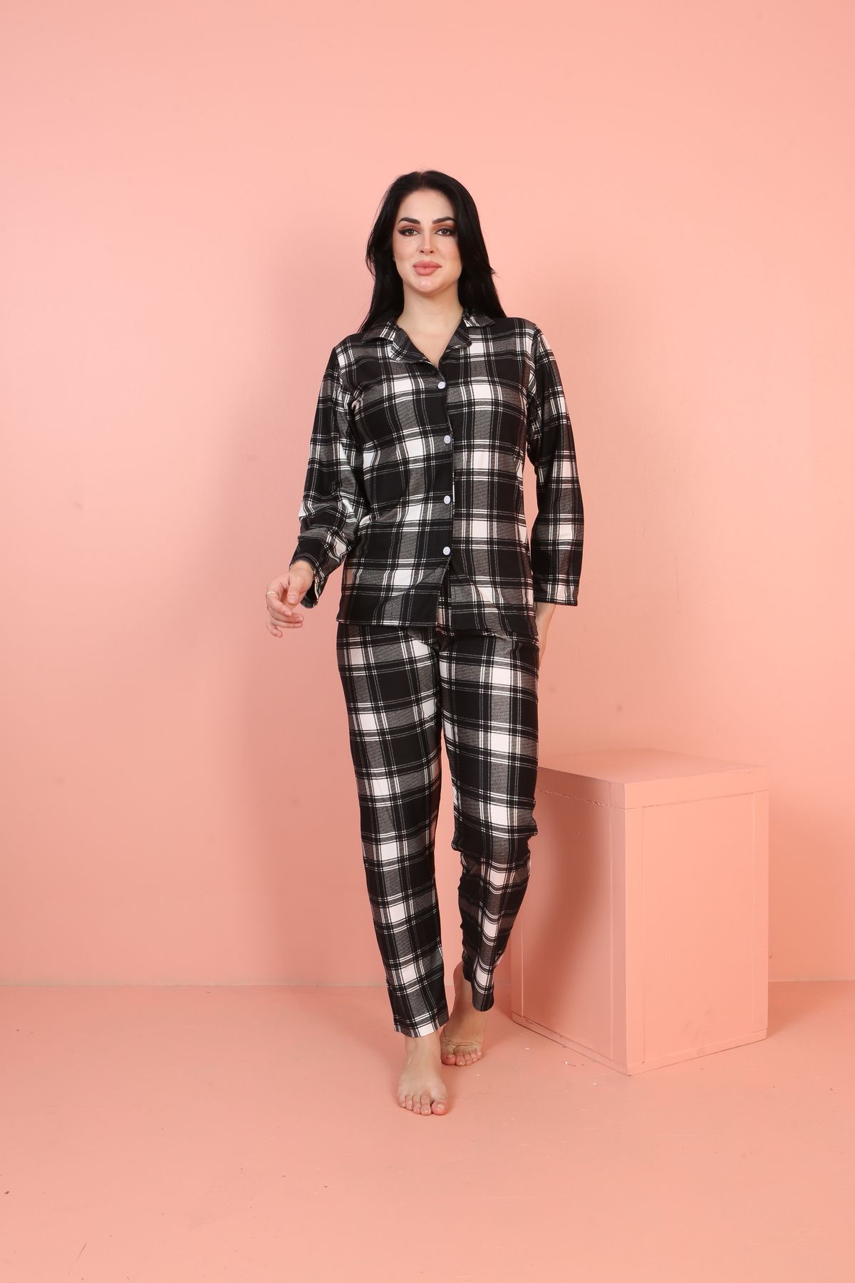 JENİKA-Black Color Plaid Detail Long Sleeve Suede Pajamas Set 4