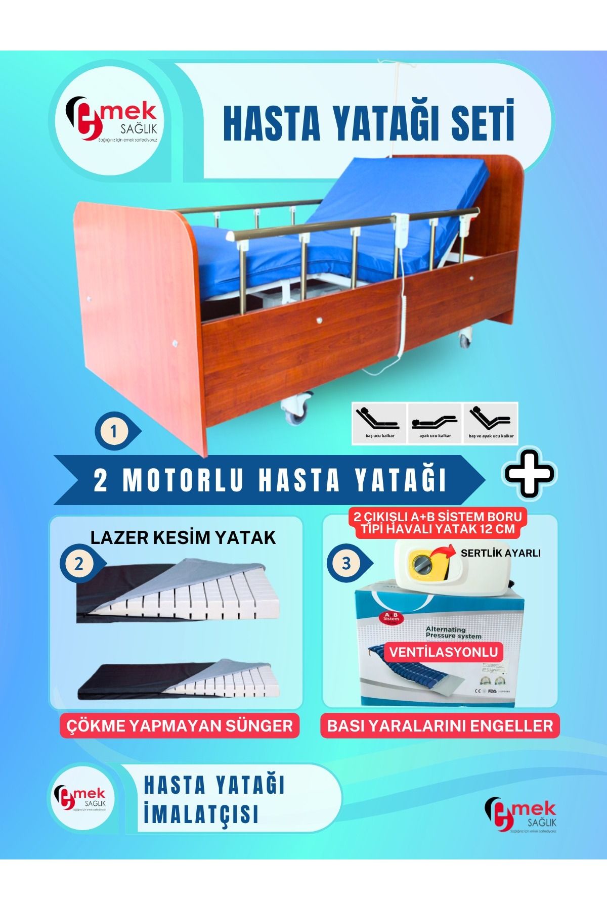 emek sağlık 2 Motorlu Ahşap Hasta Karyolası+Lazer Kesim Yatak+2 Çıkışlı AB Sistemli 12 cm Boru Tipi Havalı Yatak