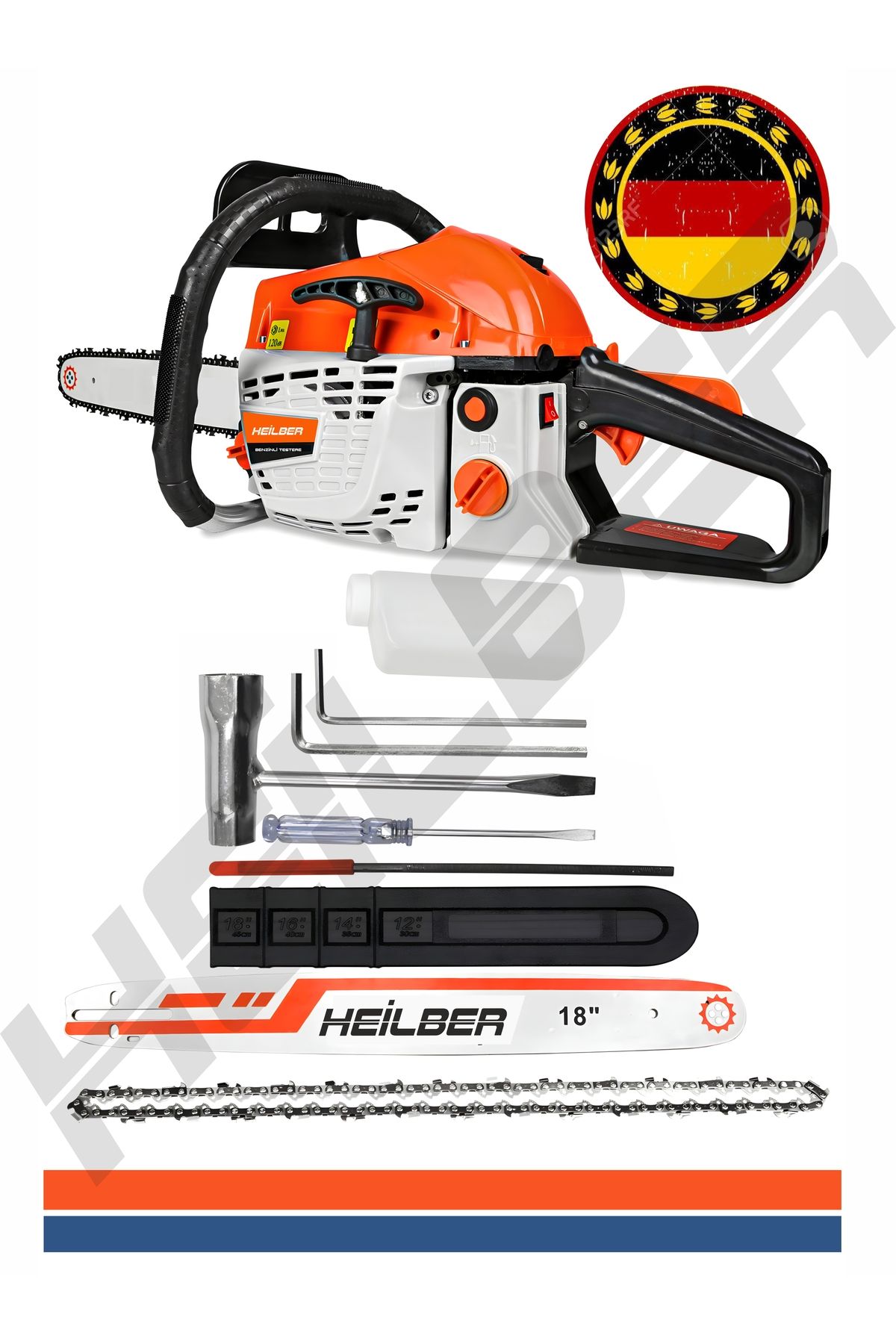 HEİLBER ALMAN 36 DİŞ 45CM ÇİFT EGZOZ TURUNCU 7.9 HP /H BENZİNİ ZİNCİRLİ TESTERE BIÇKI HIZAR MAKİNESİ