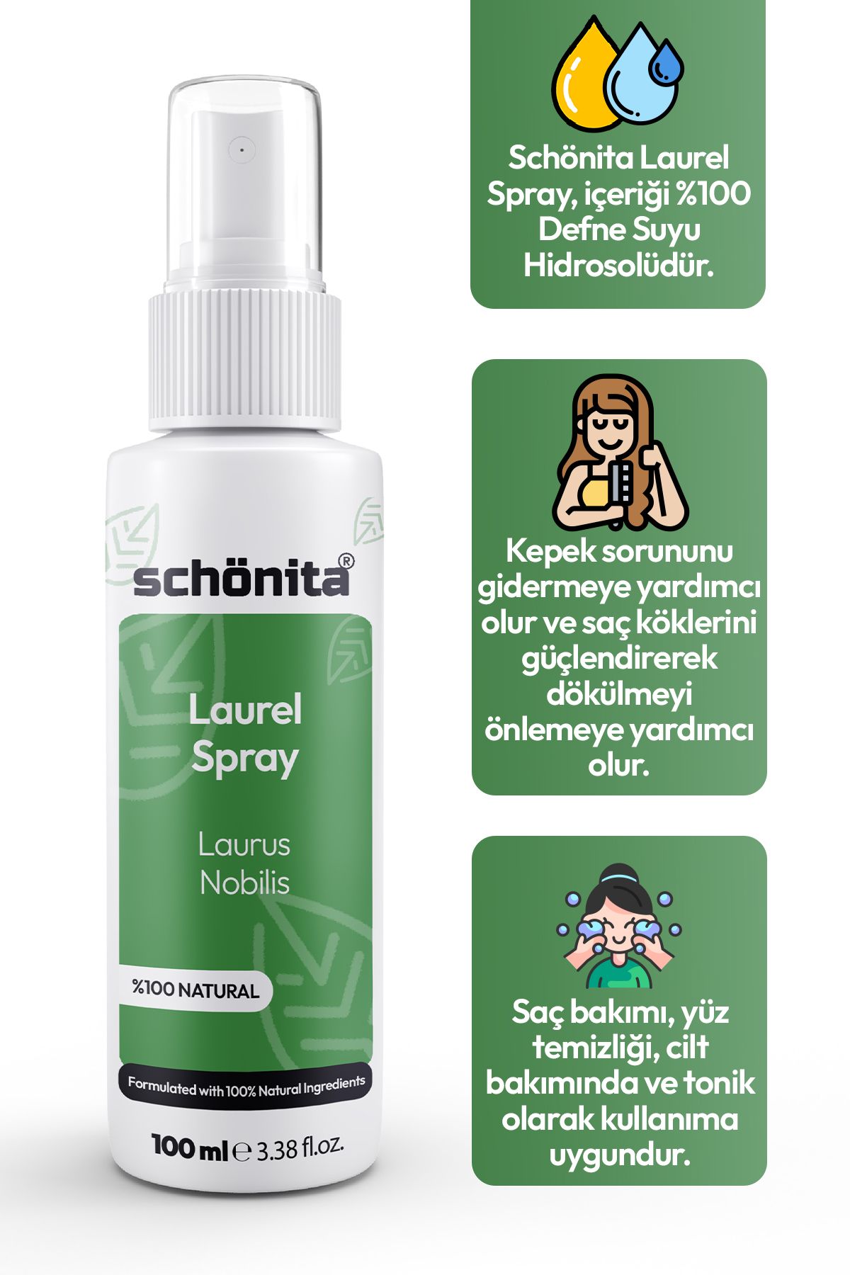 SCHÖNİTA %100 Saf Defne Suyu - Kepeğe Karşı Etkili Tonik - Laurel Spray - 100ml