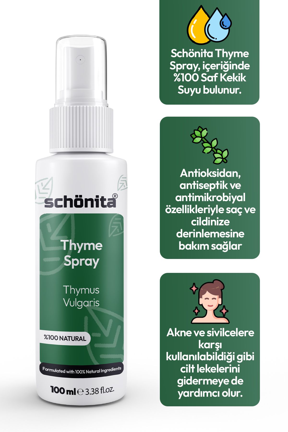 SCHÖNİTA %100 Saf Kekik Suyu - Saç Güçlendirici ve Doğal Ağız Bakımı - Thyme Spray - 100ml