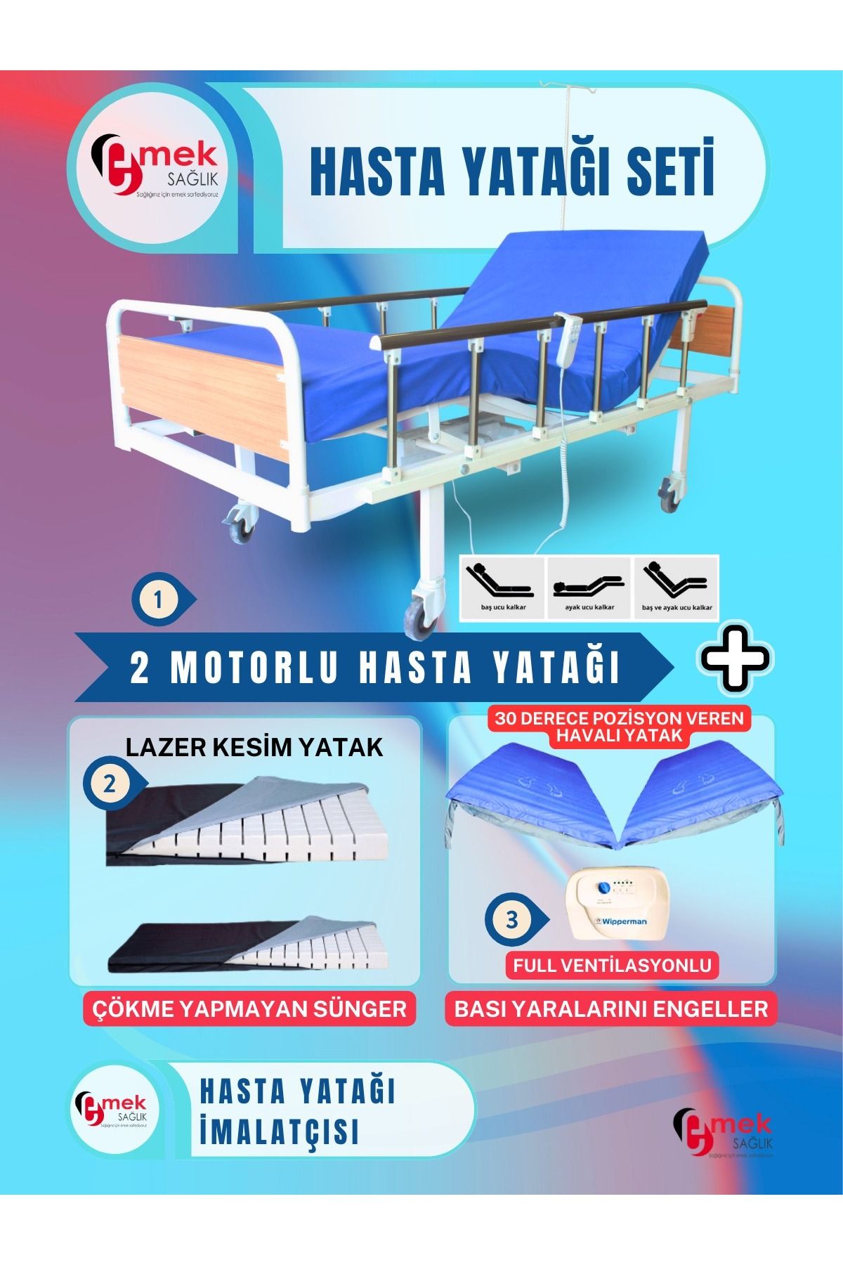 emek sağlık 2MotorluMDFBaşlıklıTabancaKorkulukluHastaKaryolası+LazerKesimYatak+30DerecePozisyonVerenHavalıYatak