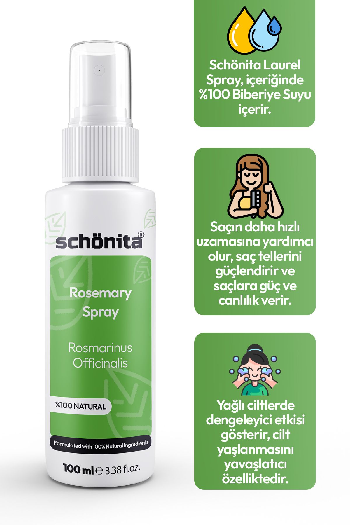 SCHÖNİTA %100 Saf Biberiye Suyu - Dökülme Karşıtı ve Saç Uzamasını Destekleyici - Rosemary Spray - 100ml