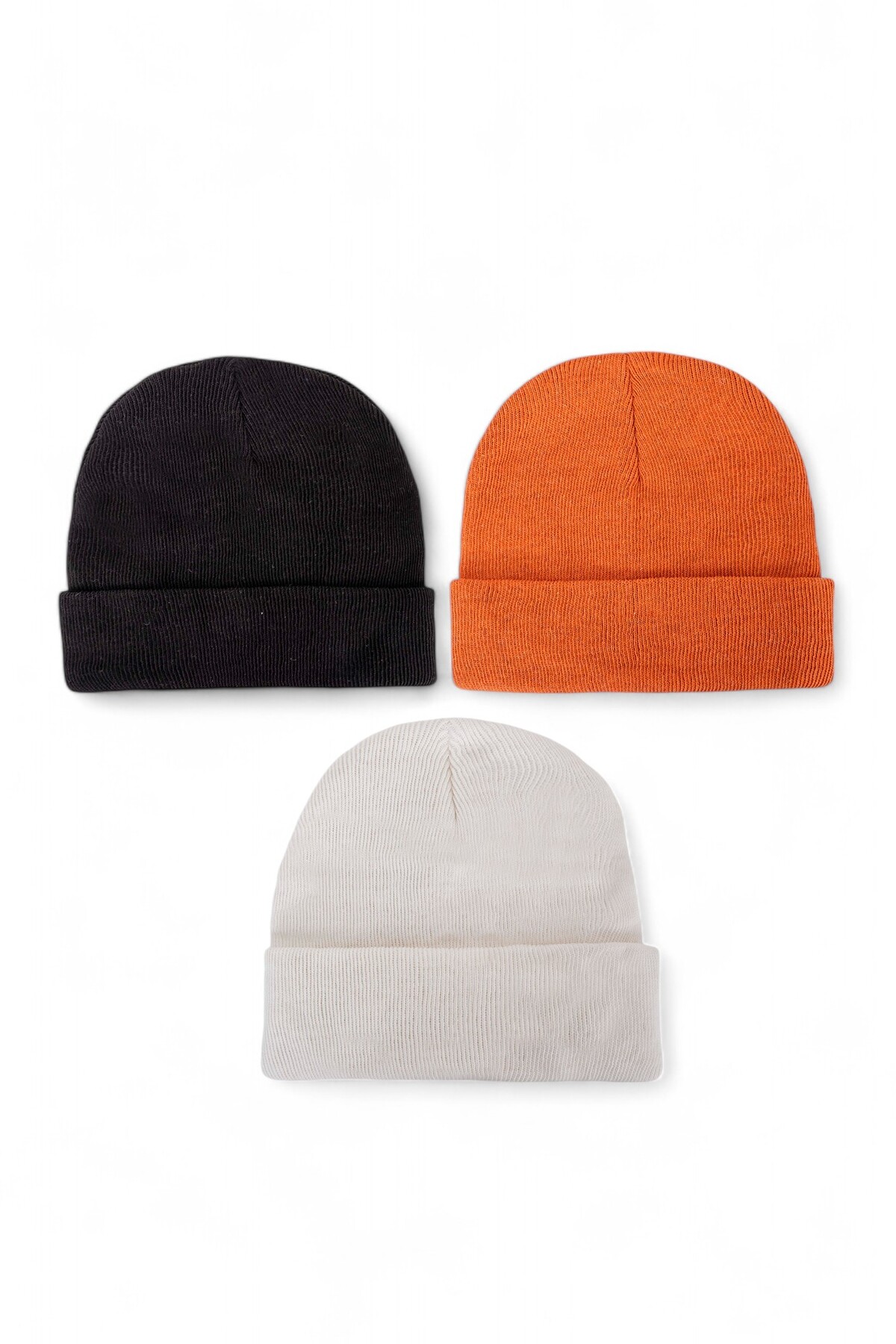 Eke Tekstil Unisex Katlamalı Siyah,beyaz,turuncu 3'lü Bere Seti görsel 5