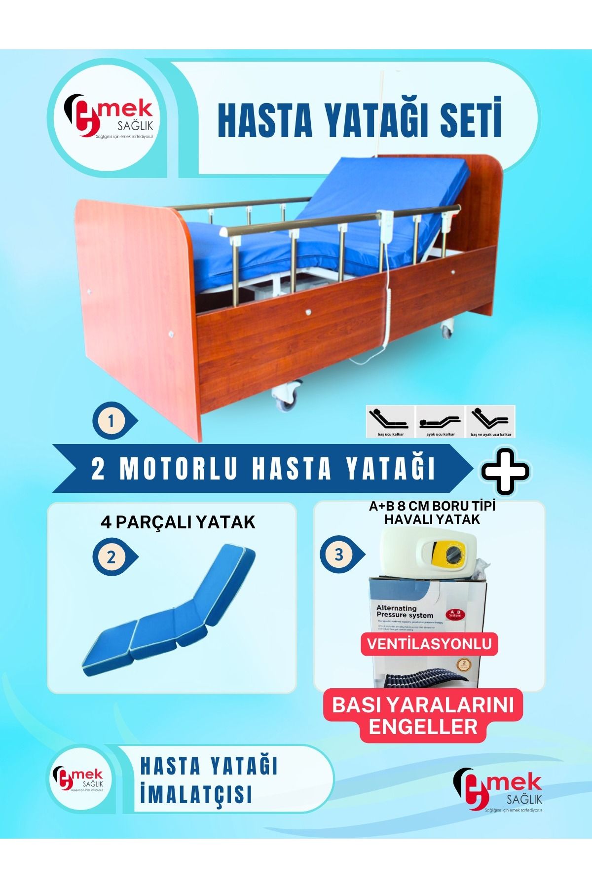 emek sağlık 2 Motorlu Ahşap Hasta Karyolası + 4 Parçalı Yatak + A+B 8 cm Boru Tipi Havalı Yatak Takım