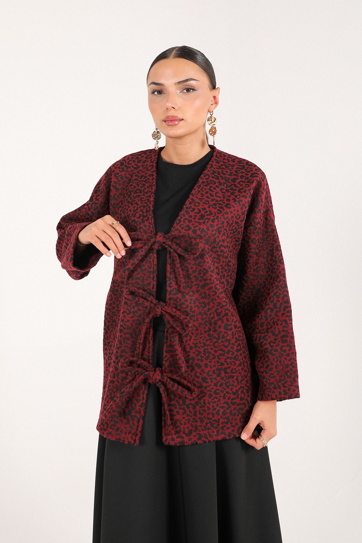 Melike Tatar-Leopard Patterned Claret Red Cap - 6-7049 3