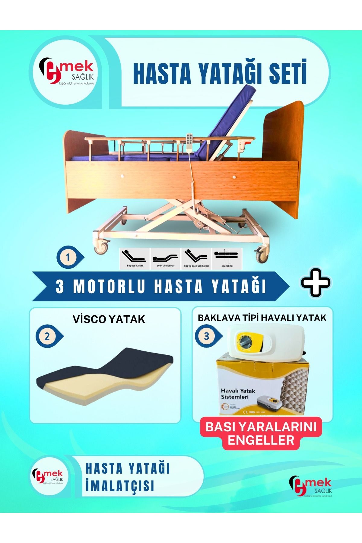 emek sağlık 3 Motorlu Ahşap Hasta Karyolası + Visco Yatak + Baklava Tipi Havalı Yatak Takım