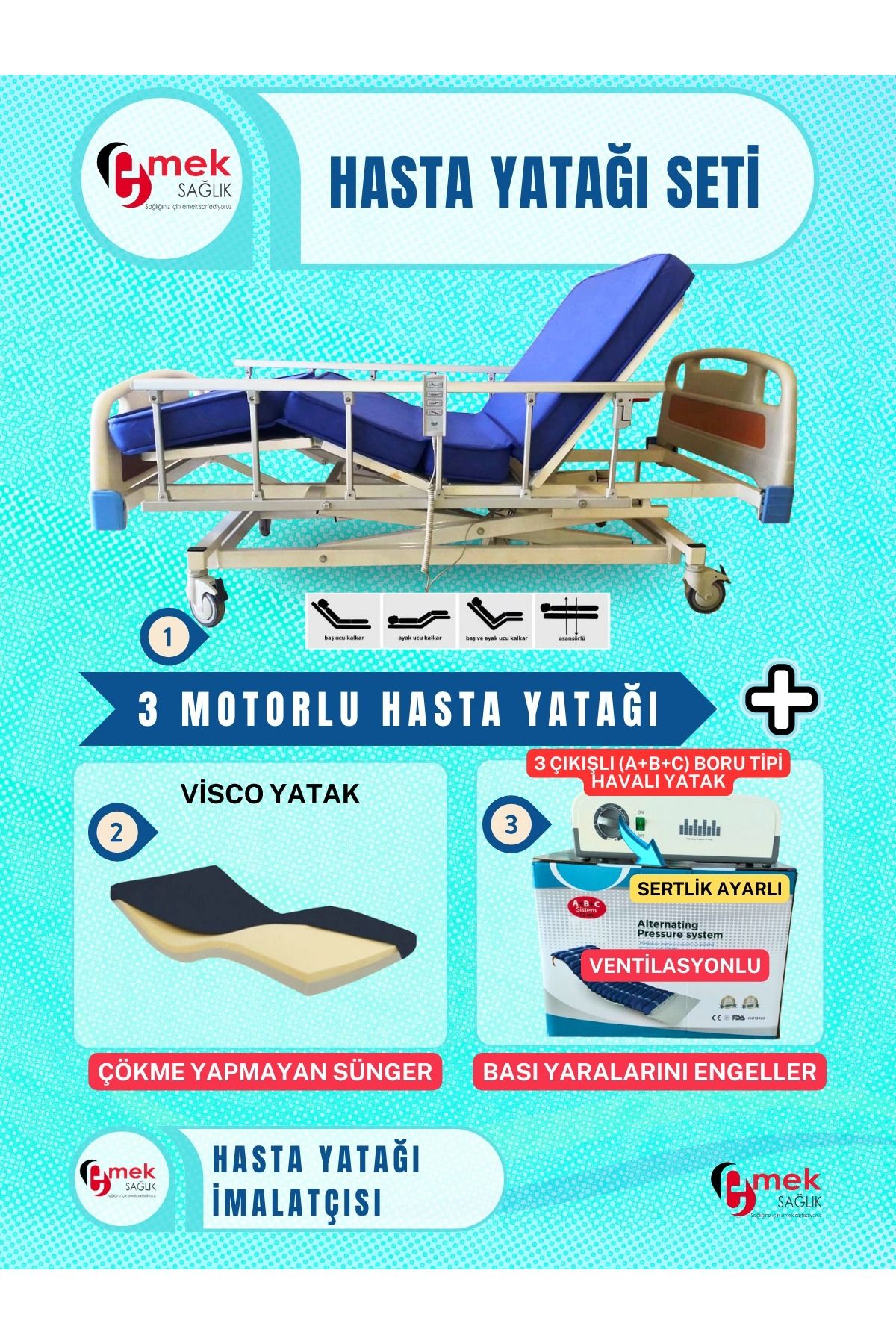 emek sağlık 3MotorluABSBaşlıklıTabancaKorkulukluHastaYatağı+Visco Yatak+3ÇıkışlıABCSistemliBoruTipiHavalıYatak