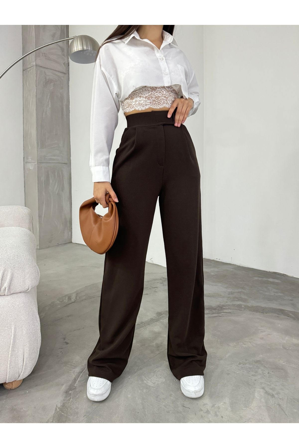 BİKELİFE-Braune Lycra-Palazzo-Hose mit weitem Bein und Klettverschluss für Damen 5