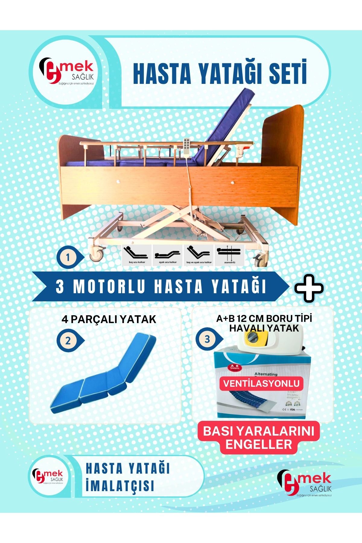 emek sağlık 3 Motorlu Ahşap Hasta Karyolası + 4 Parçalı Yatak + A+B 12 cm Boru Tipi Havalı Yatak Takım