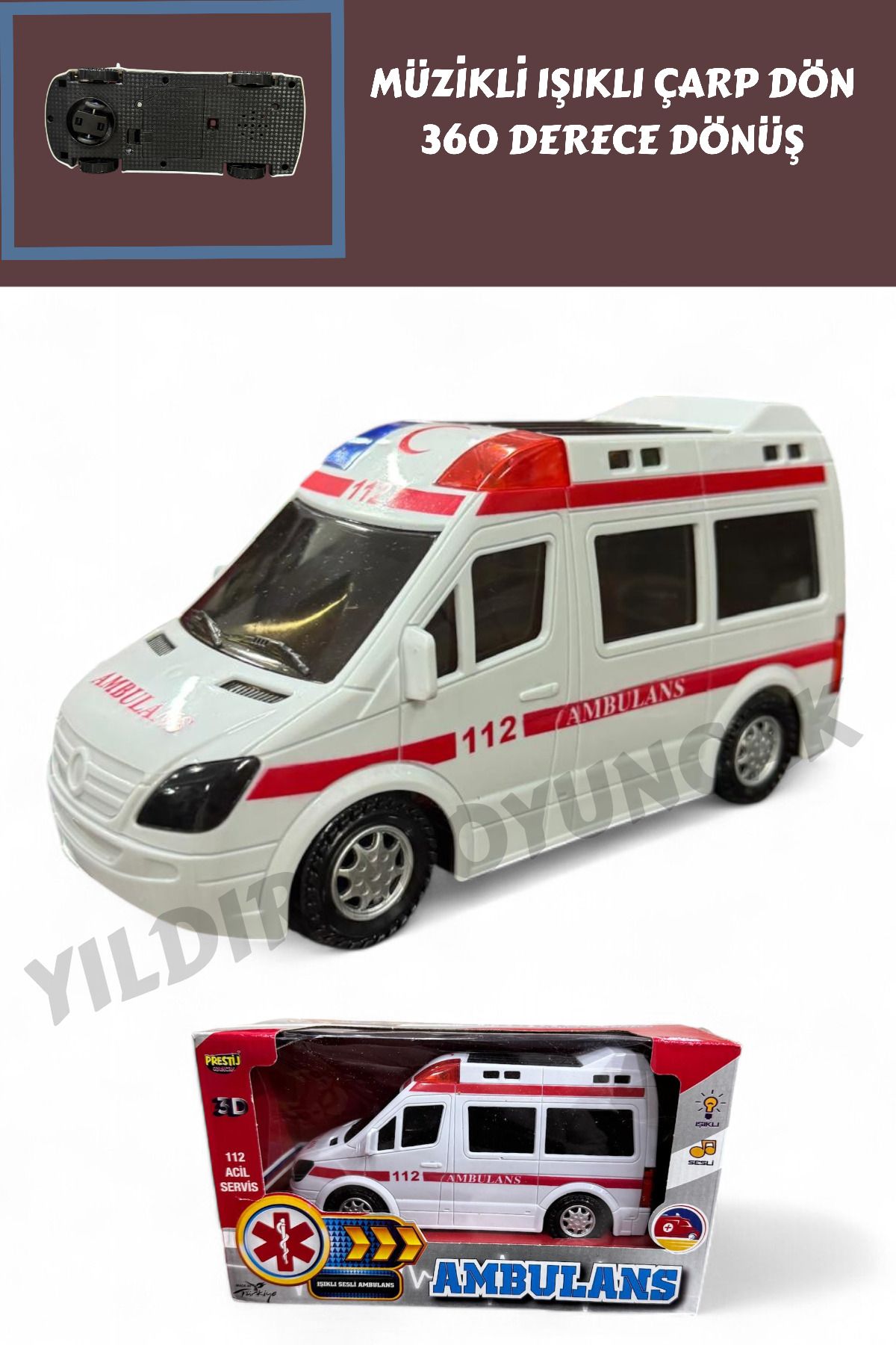 YILDIRIM OYUNCAK Sesli Işıklı Çarp Dön Ambulans 28 cm - 360 Derece Dönüş Pili Işıklı Ambulans Kutulu