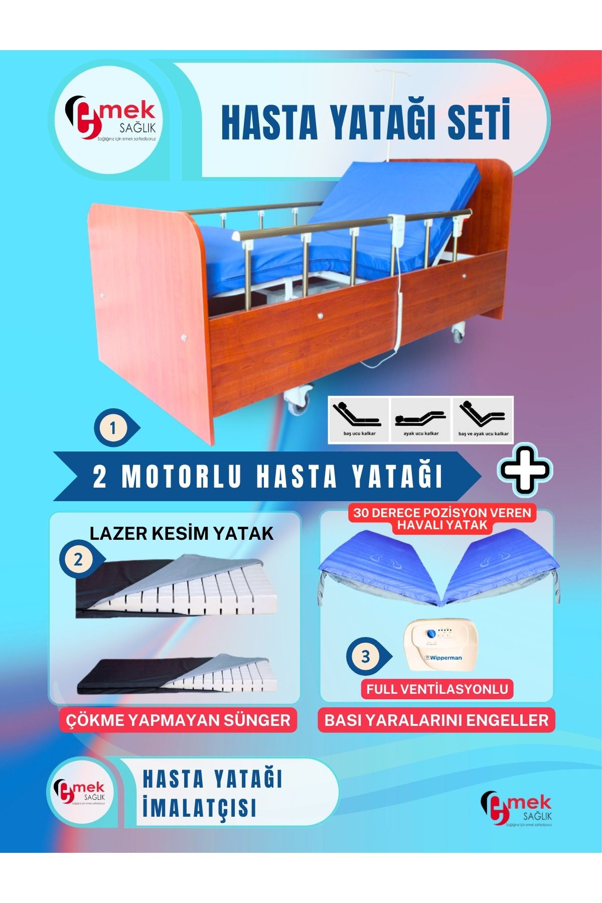 emek sağlık 2 Motorlu Ahşap Hasta Karyolası + Lazer Kesim Yatak + 30 Derece Pozisyon Veren Havalı Yatak Takım