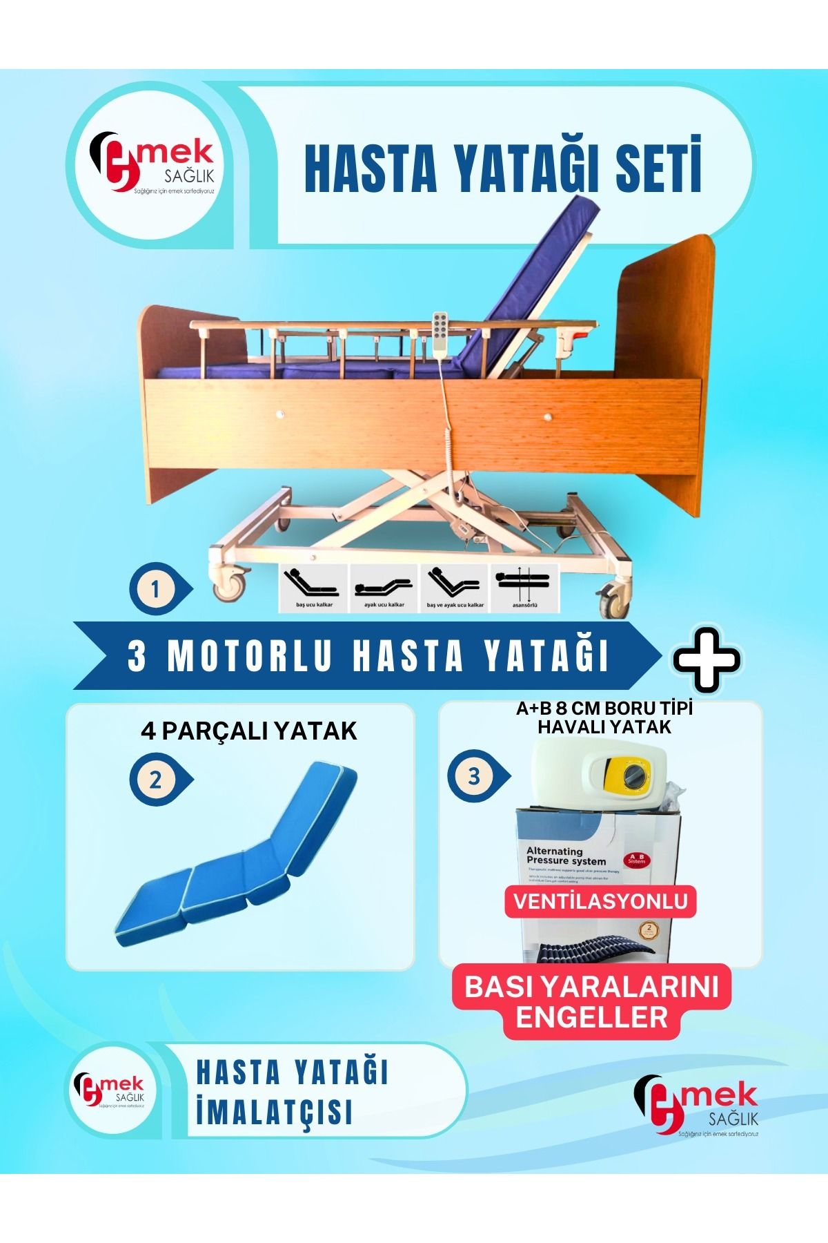 emek sağlık 3 Motorlu Ahşap Hasta Karyolası + 4 Parçalı Yatak + A+B 8 cm Boru Tipi Havalı Yatak Takım