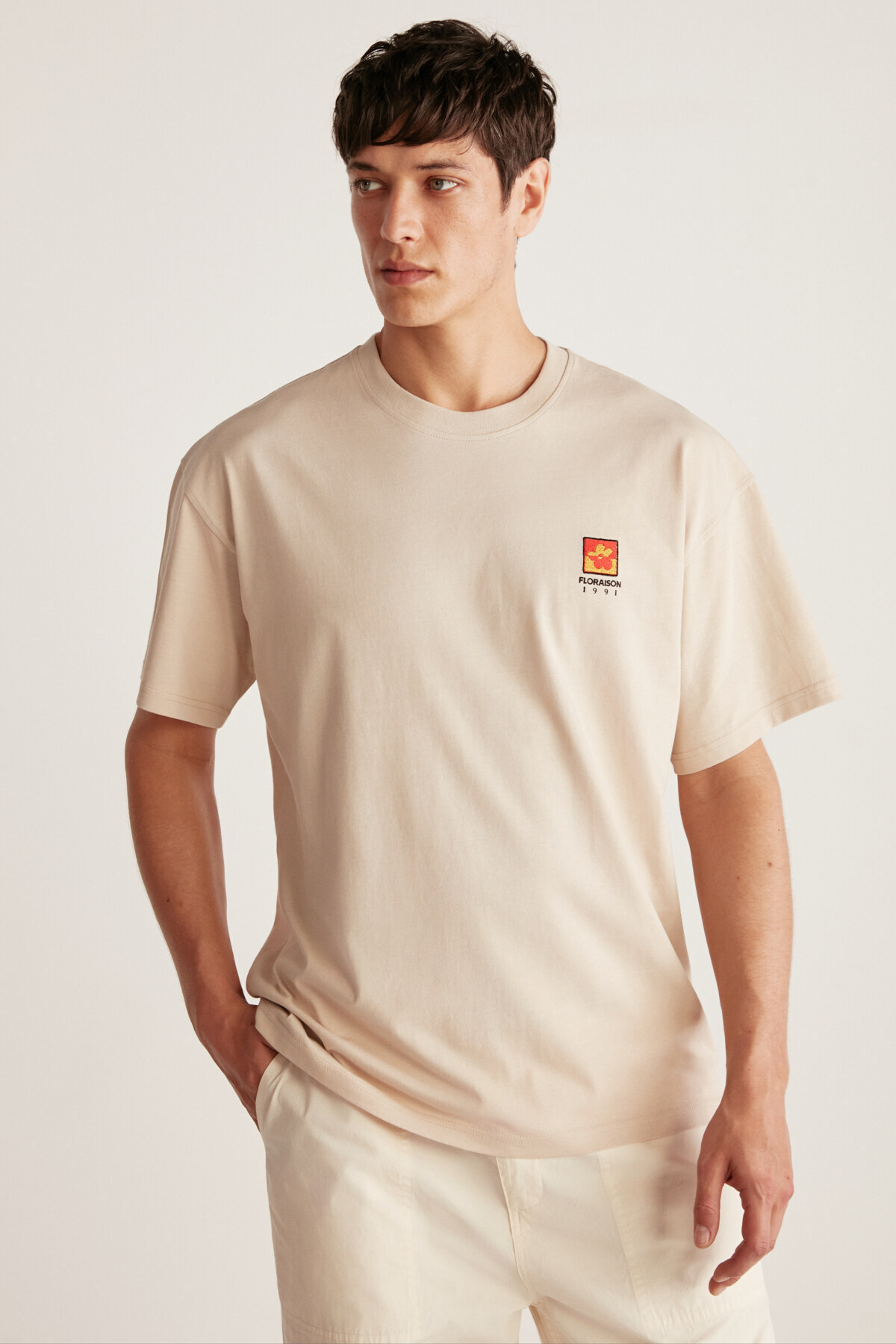 GRIMELANGE  Floraıson Erkek Bisiklet Yaka %100 Pamuk Oversize Kalıp Bej T-shirt - Görsel 2