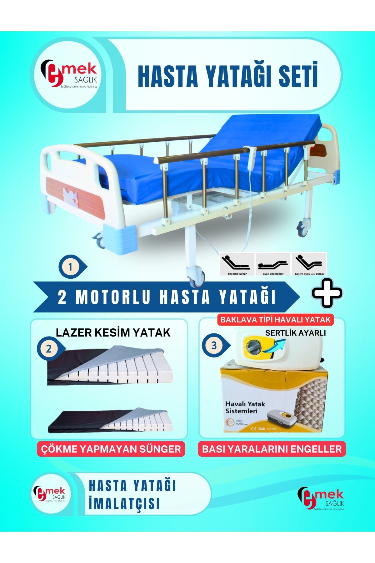 emek sağlık 2Motorlu ABS Başlıklı Tabanca Korkuluklu Hasta Karyolası+Lazer Kesim Yatak+Baklava Tipi Havalı Yatak