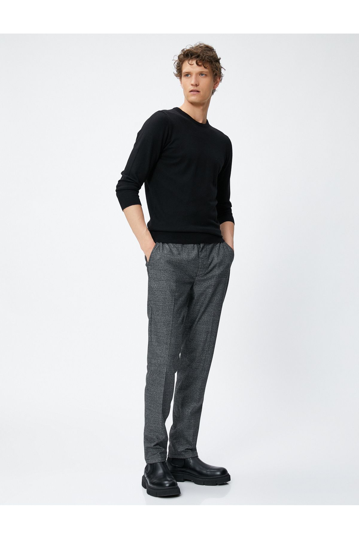 Koton-Viscose Mixed - Checkered Trousers, Button Detail and Pocket 2