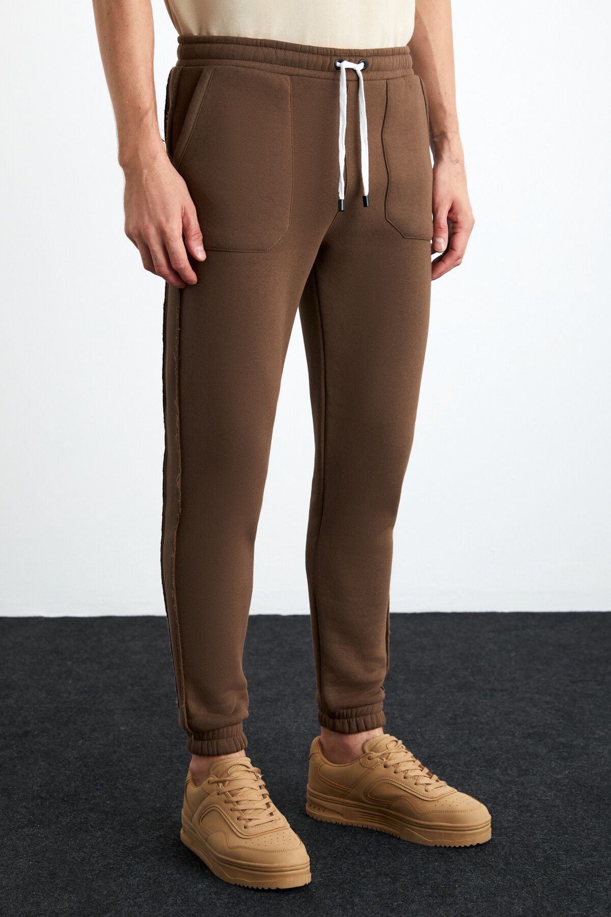 GRIMELANGE-Tyrese Men's Brown Sweatpants - 3 Thread, Raised Waist, Elastic Leg 2