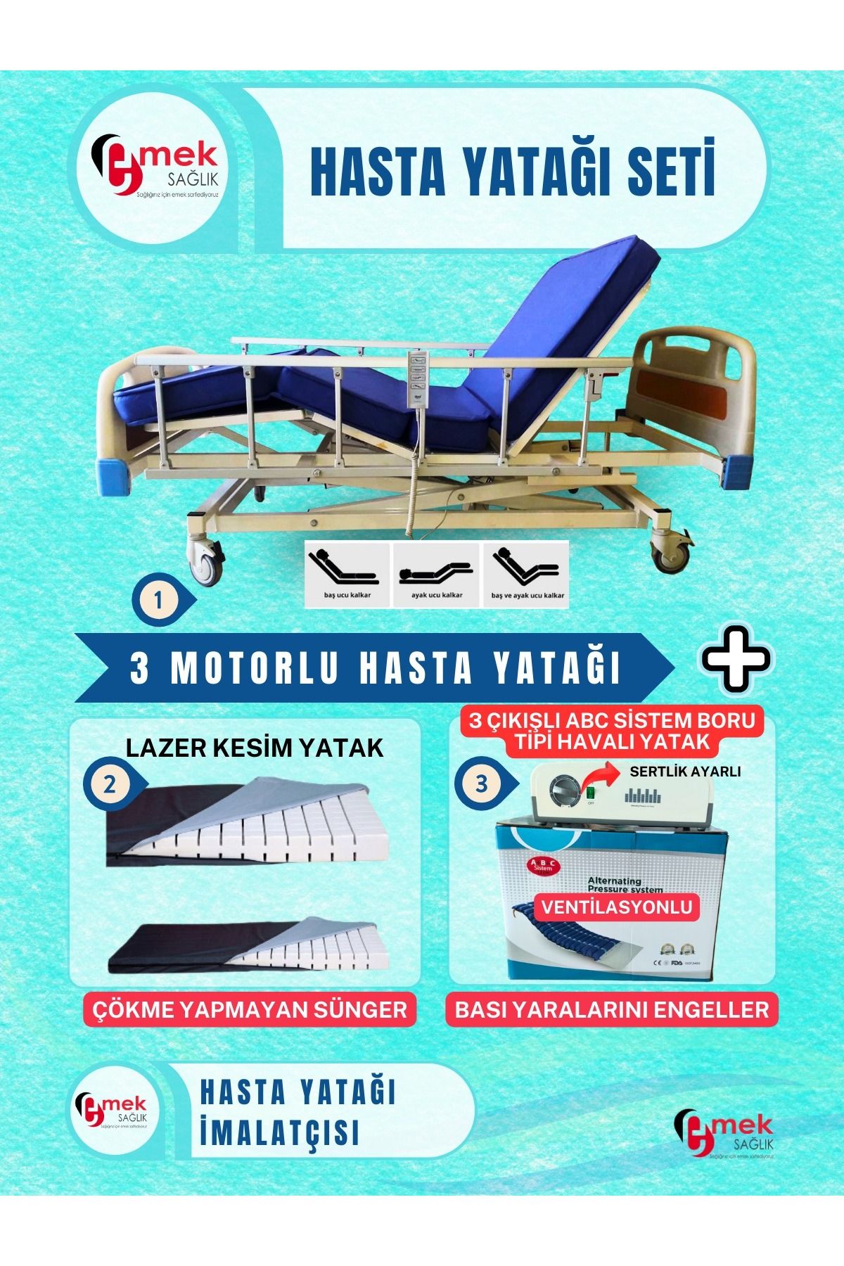 emek sağlık 3 Motorlu ABS Başlıklı  Hasta Yatağı+Lazer Kesim Yatak