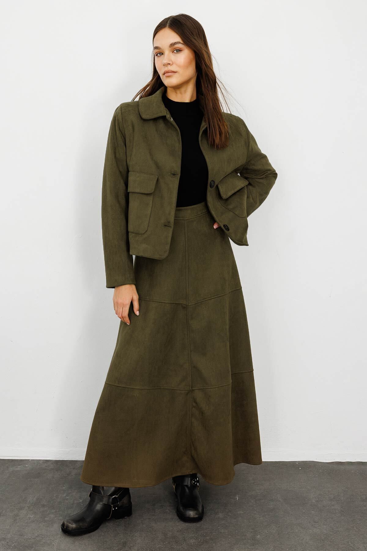 Hooopstore-Suede Suede Khaki Long Skirt 1