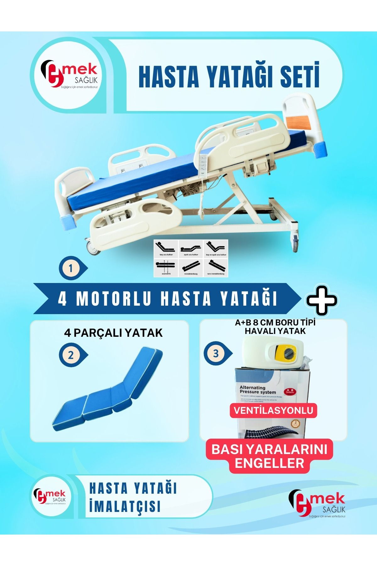 emek sağlık 4 Motorlu Full ABS Hasta Yatağı + 4 Parçalı Yatak + A+B Sistemli 8 cm Boru Tipi Havalı Yatak Takım