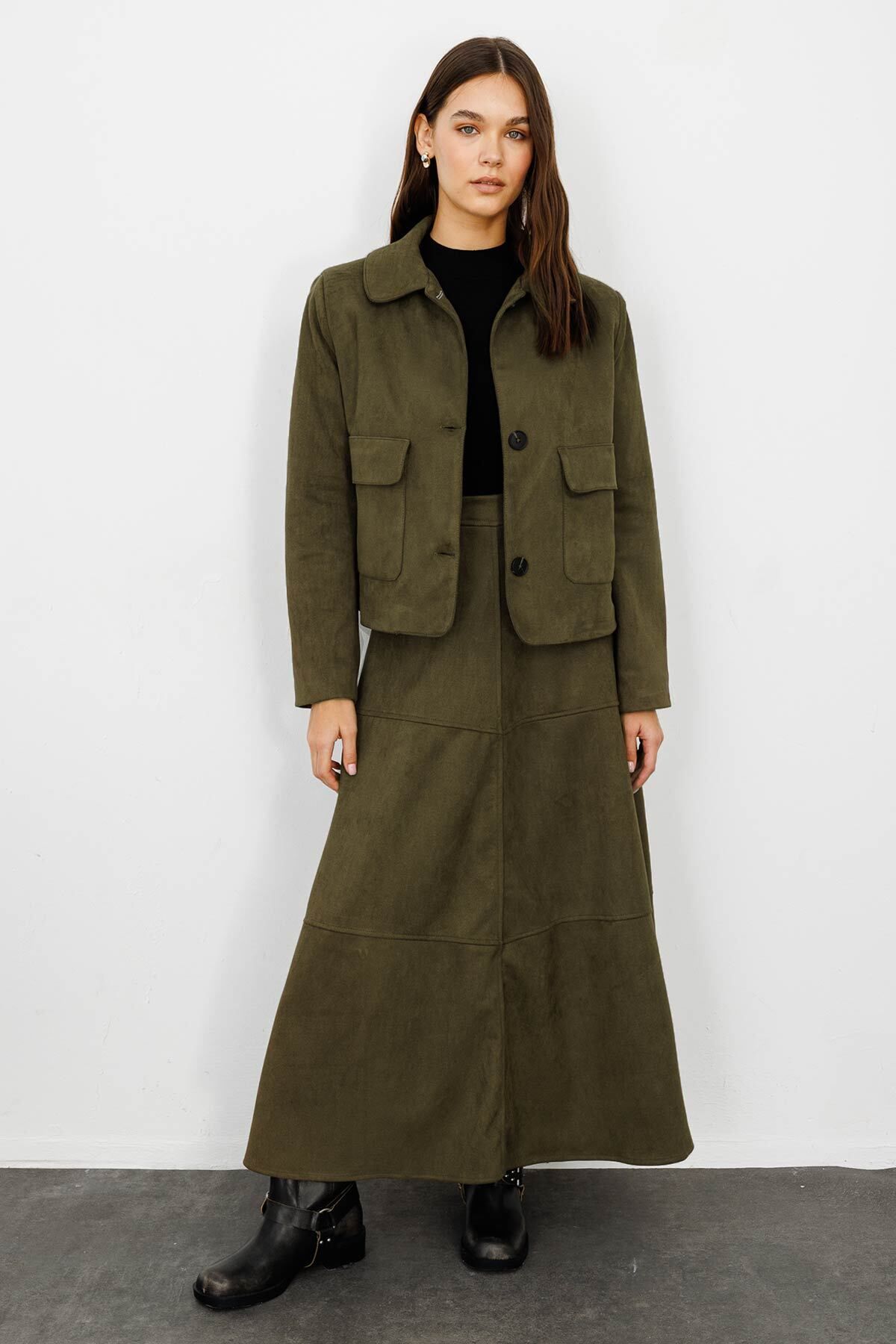 Hooopstore-Suede Suede Khaki Long Skirt 3