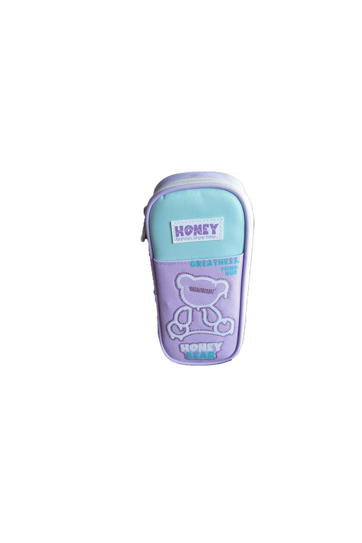 SYG-Sequin Bear Patterned Imported 1 Compartment Pencil Case - Purple Turquoise Syg12 3