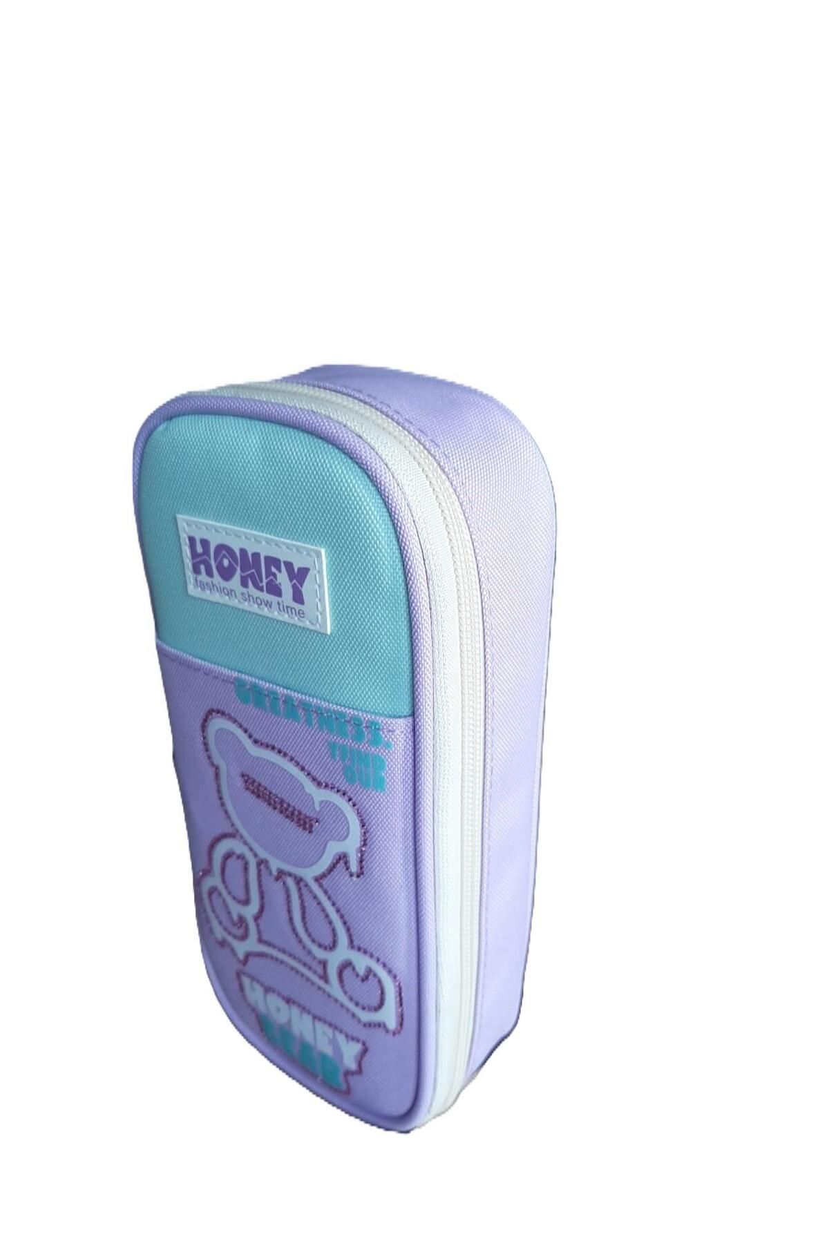 SYG-Sequin Bear Patterned Imported 1 Compartment Pencil Case - Purple Turquoise Syg12 2