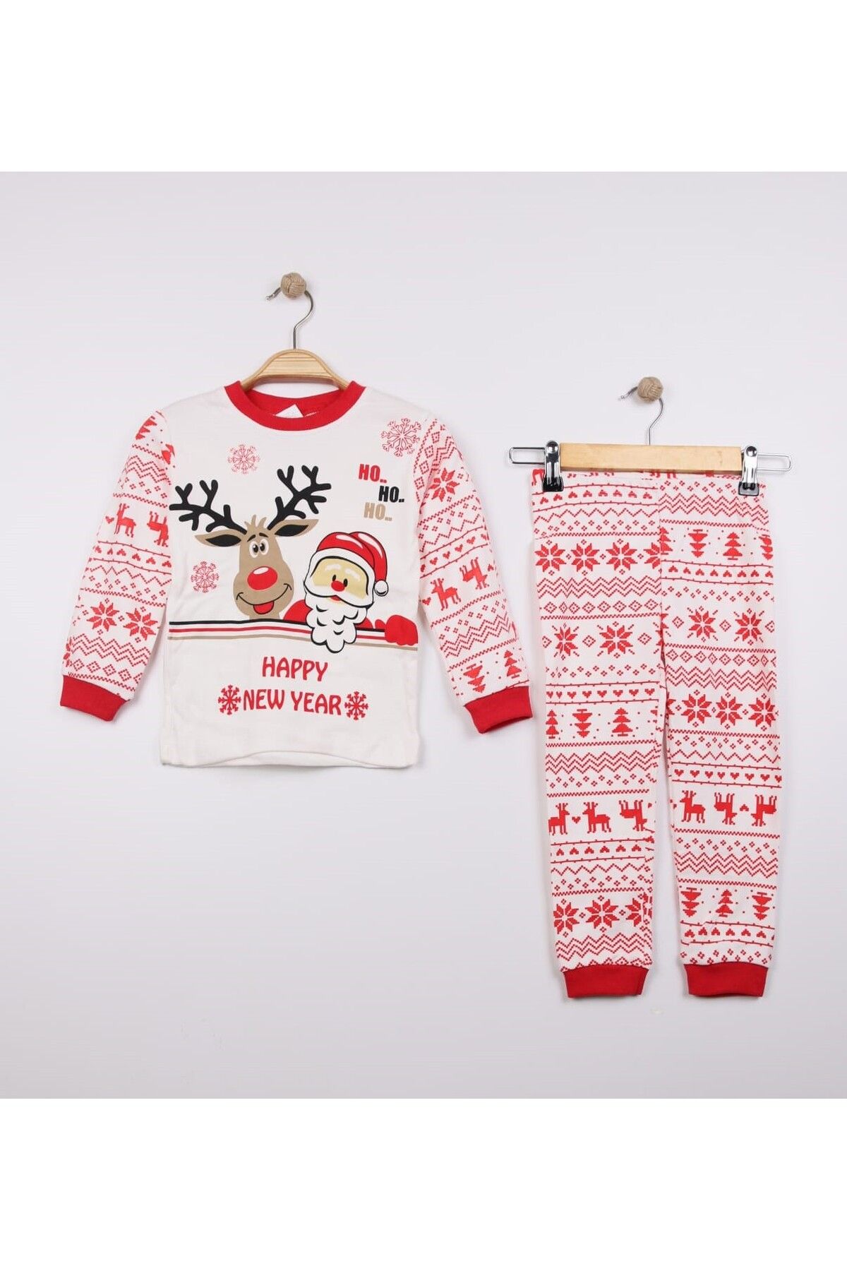 Happy New Year Noel Yılbaşı Etnik Desenli Kırmızı Geyik Baskılı Çocuk Pijama Takım 4 5 6 7 8 9 Yaş