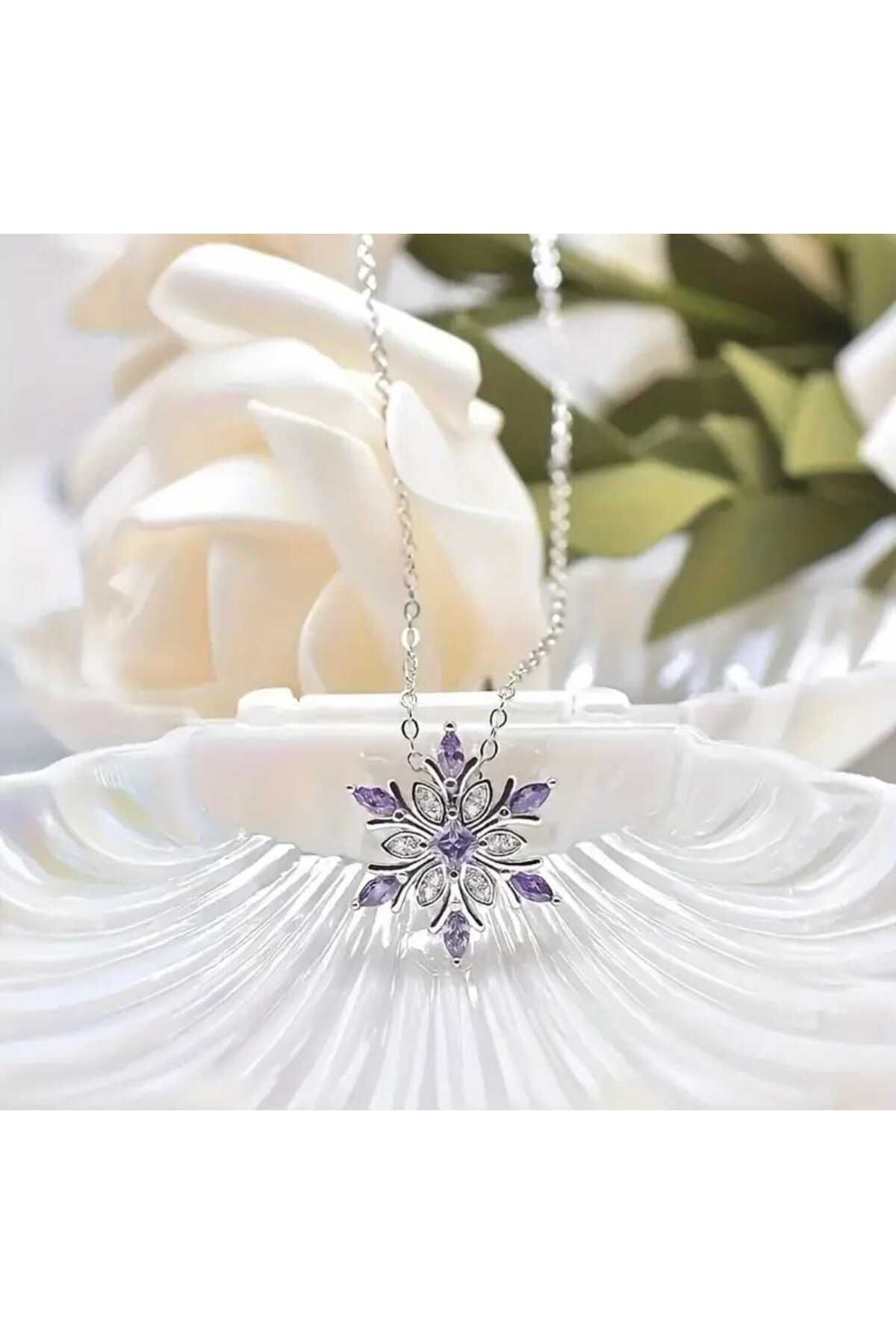 Beyna-Elegant Snowflake Necklace Crystal Stone Silver Paved Chain Necklace 1