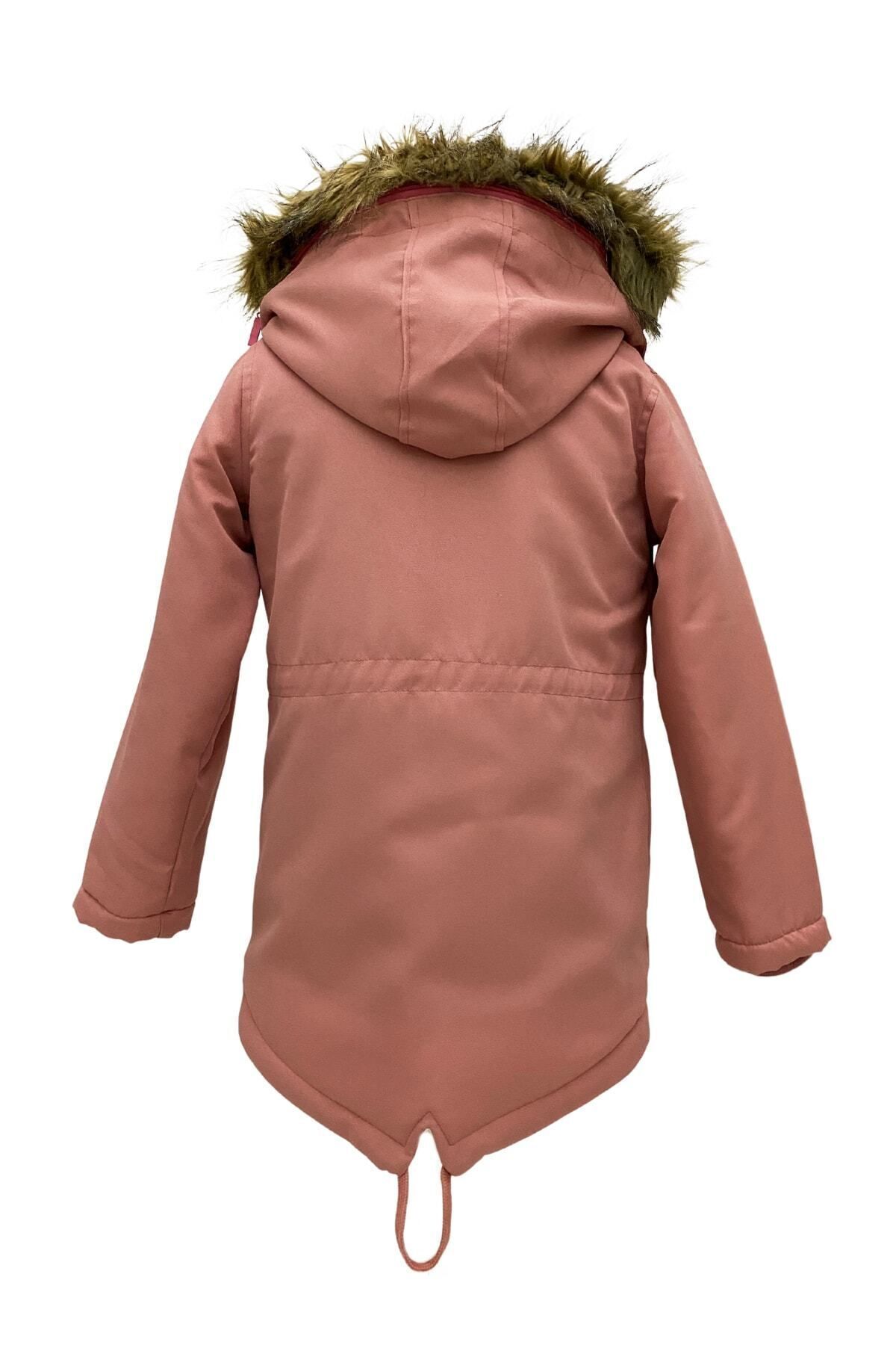 Asortik Kids-Children's Winter Canvas Fabric Drawstring Above Knee Fur Hooded Coat 6