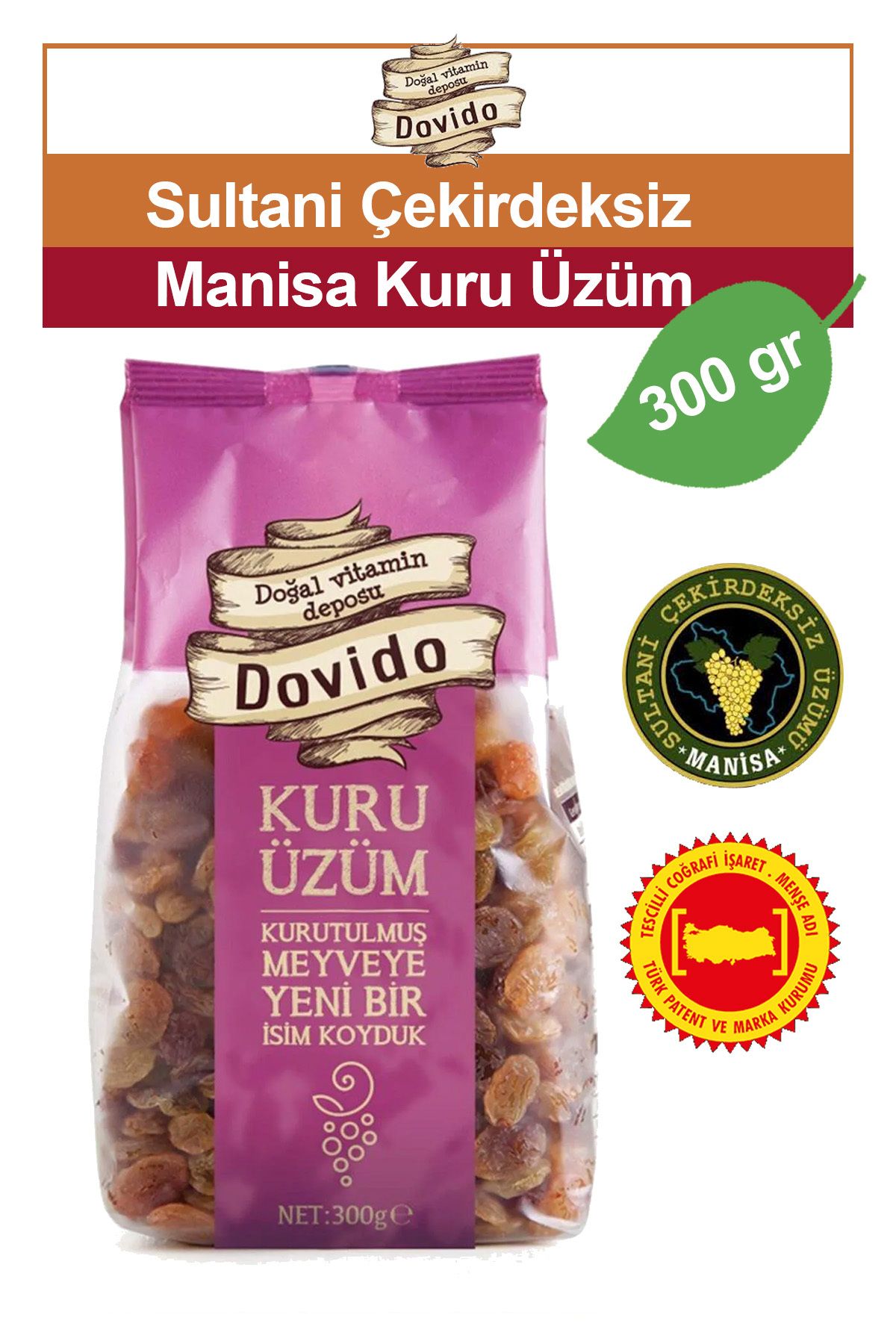 Dovido Şeker Ilavesiz Çekirdeksiz Sultani Kuru Üzüm 300 gr. Manisa Tescilli Coğrafi işaret %100 Doğal