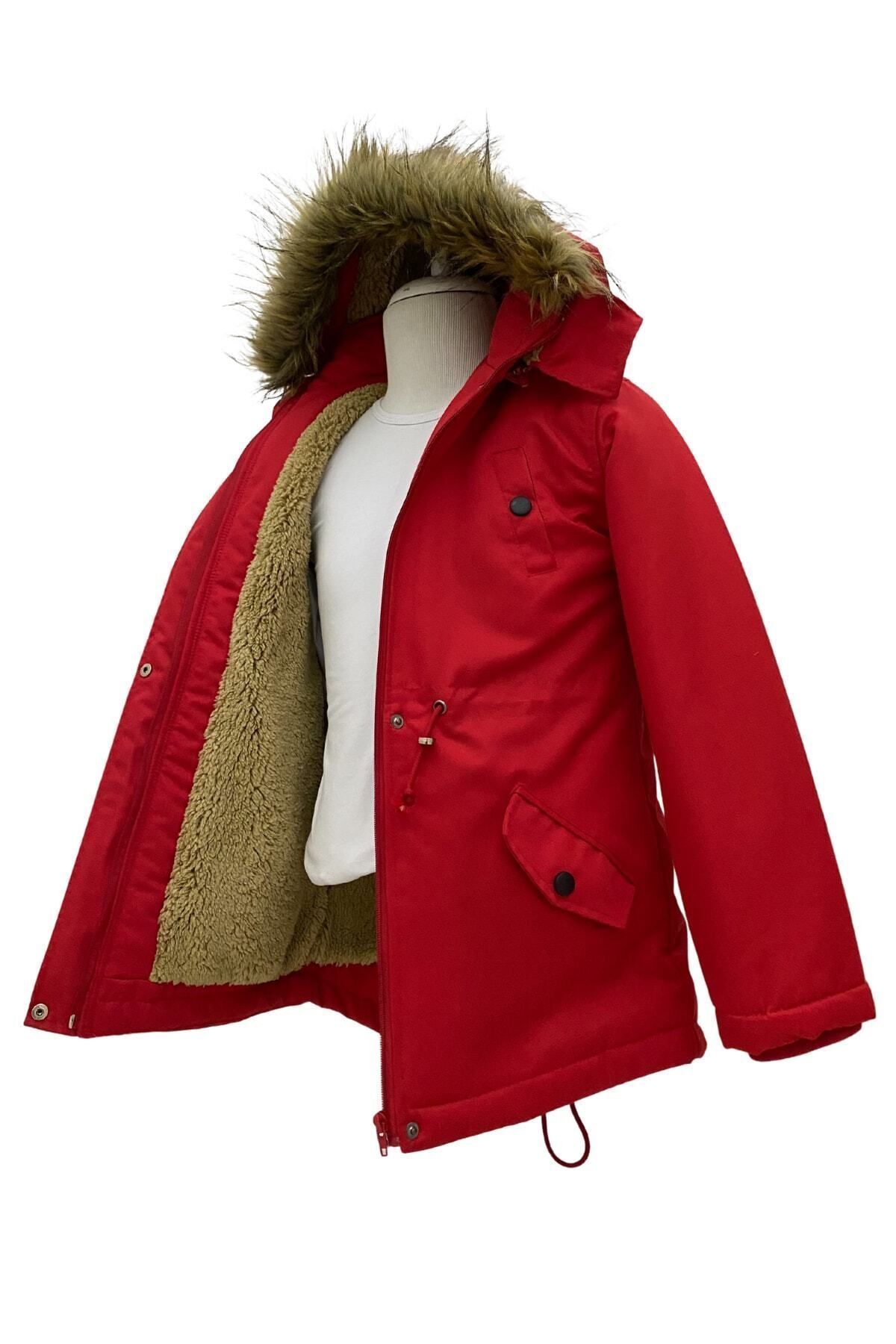 Asortik Kids-Unisex Children's Winter Canvas Fabric Drawstring Above Knee Fur Hooded Coat 3