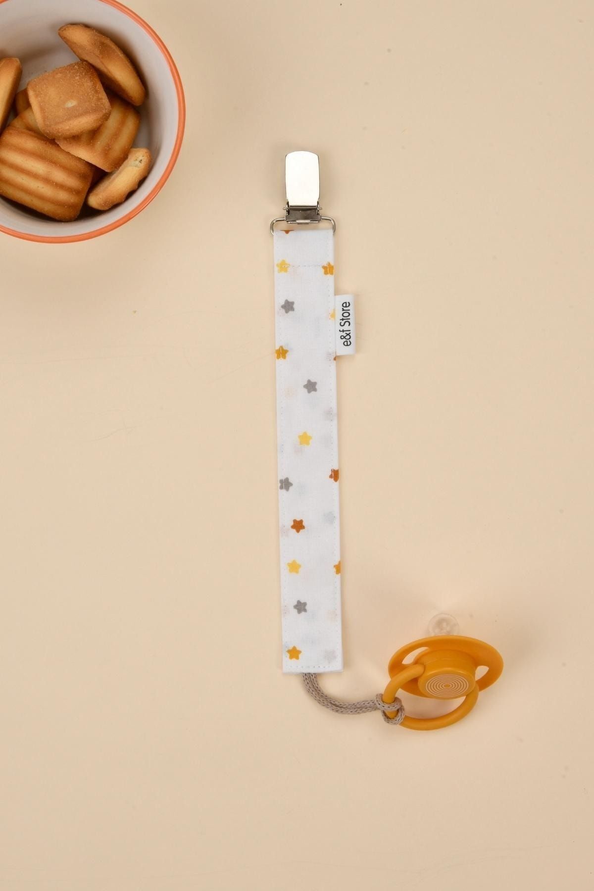 e&f Store Sertifikalı Pamuklu Emzik Askısı - 3'lü Set - Yıldızlı, Gri, Hardal Sarısı - Bebek Emzik Zinciri fotoğrafı 3 (önizleme)